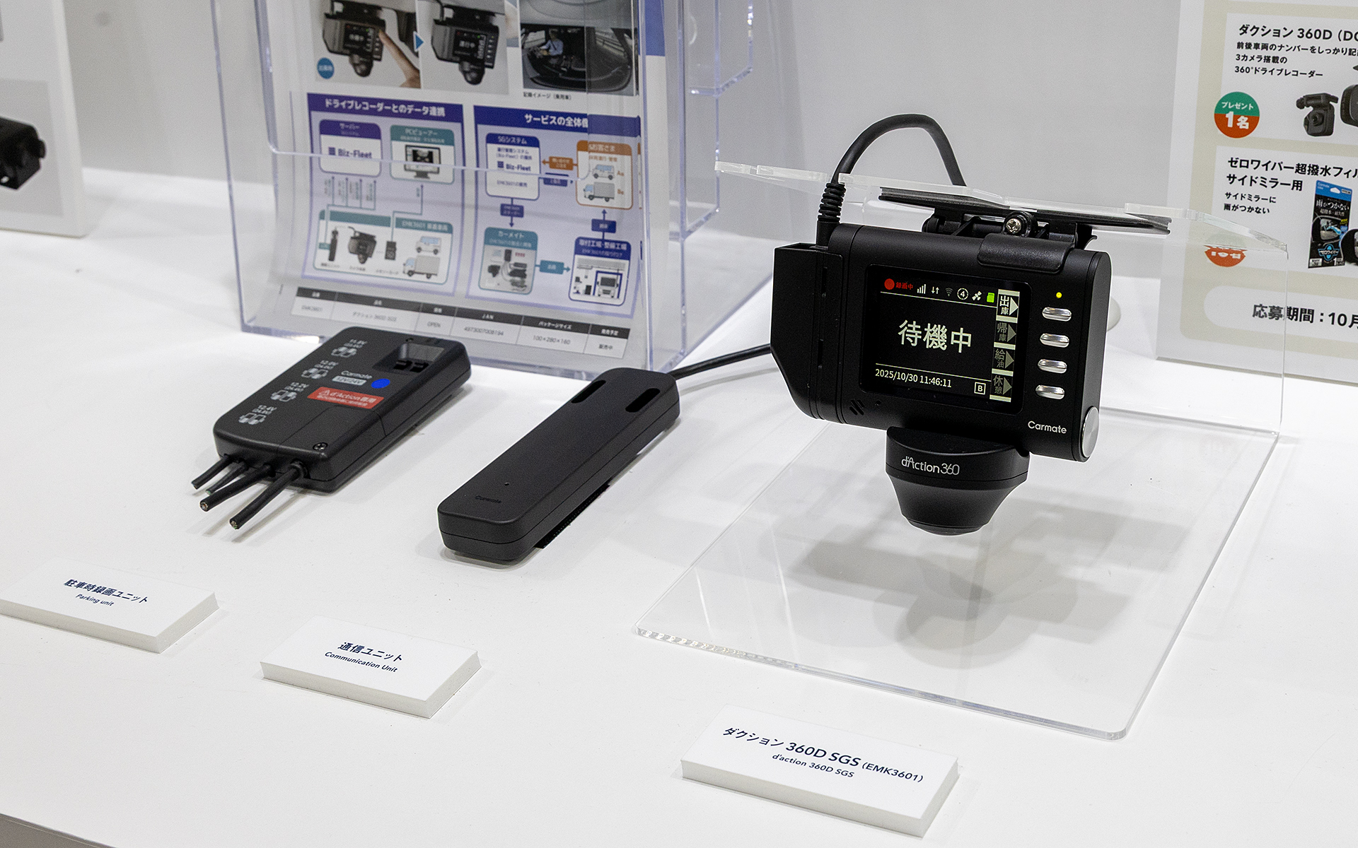 商用車の運行管理を効率化するための「通信型360度ドライブレコーダー」。SGシステム社の運行管理システムと連携するもので、こちらはすでに発売中