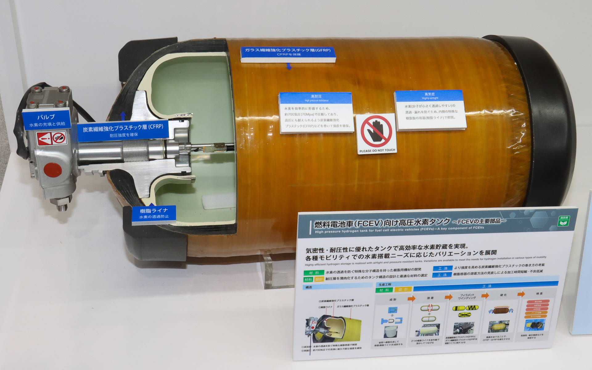 ブース内ではFCV向けの高圧水素タンクもカットモデル展示されていた