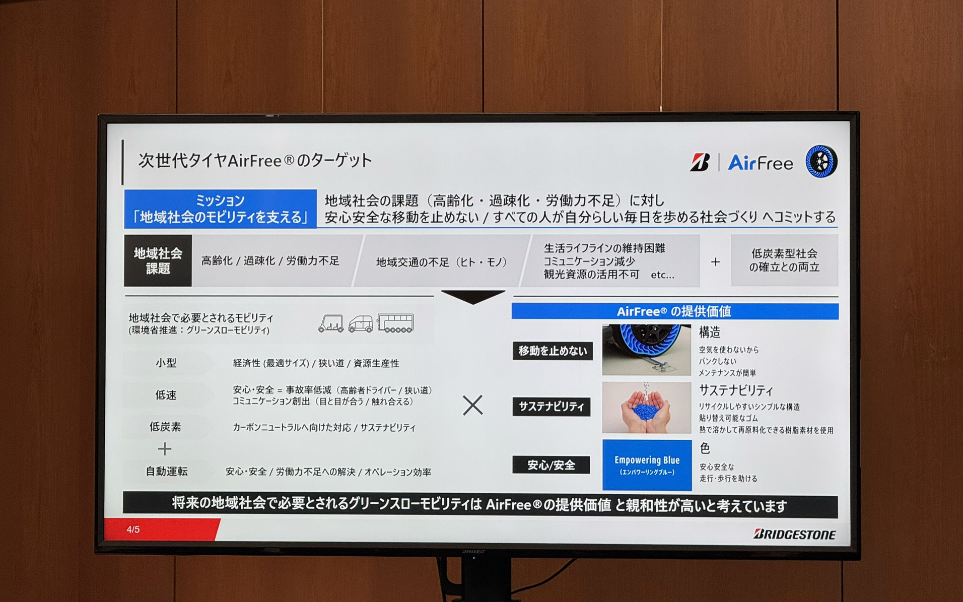 太田氏はエアフリーが第3世代まで進化してきた歴史を振り返るとともに、熱可塑性樹脂を用いて溶かして再度成型することで長く使えること、ゴムの部分は張り替えによる再生が可能なこと、交通事故が起きやすい夕暮れどきでも視認性にすぐれるブルーカラーを用いていることを紹介し、「公道実証、そして社会実装を通じた技術のさらなる進化、そして自治体の皆さまと連携して実際に使っていただくことによってその価値を継承し、その価値と技術の進化、それで将来のモビリティ社会を支えていくエアフリーをしっかりと作っていきたい」と語った