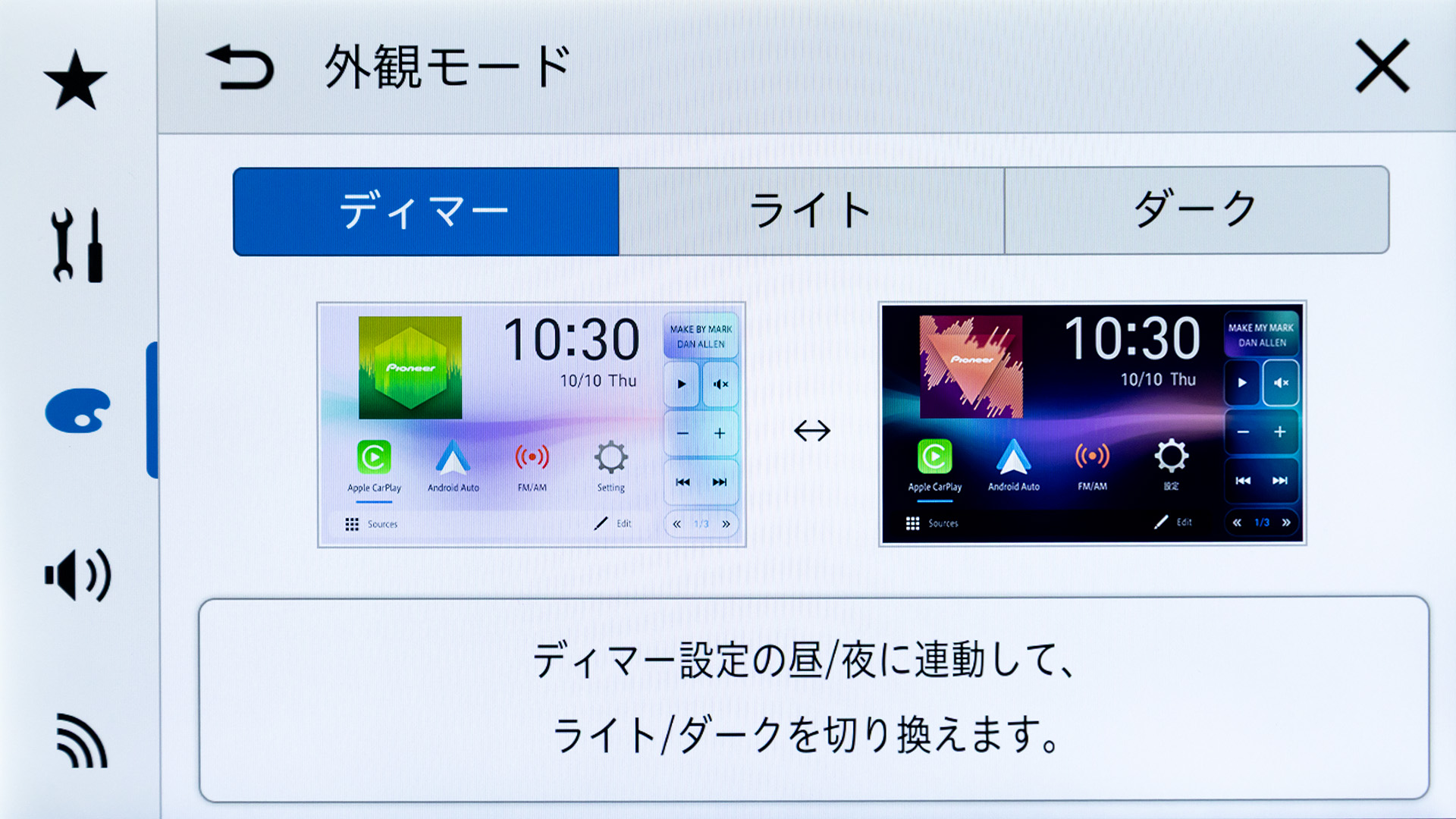ライトの点灯などにより昼画面と夜画面の切り替えが可能。もちろん手動でもOK
