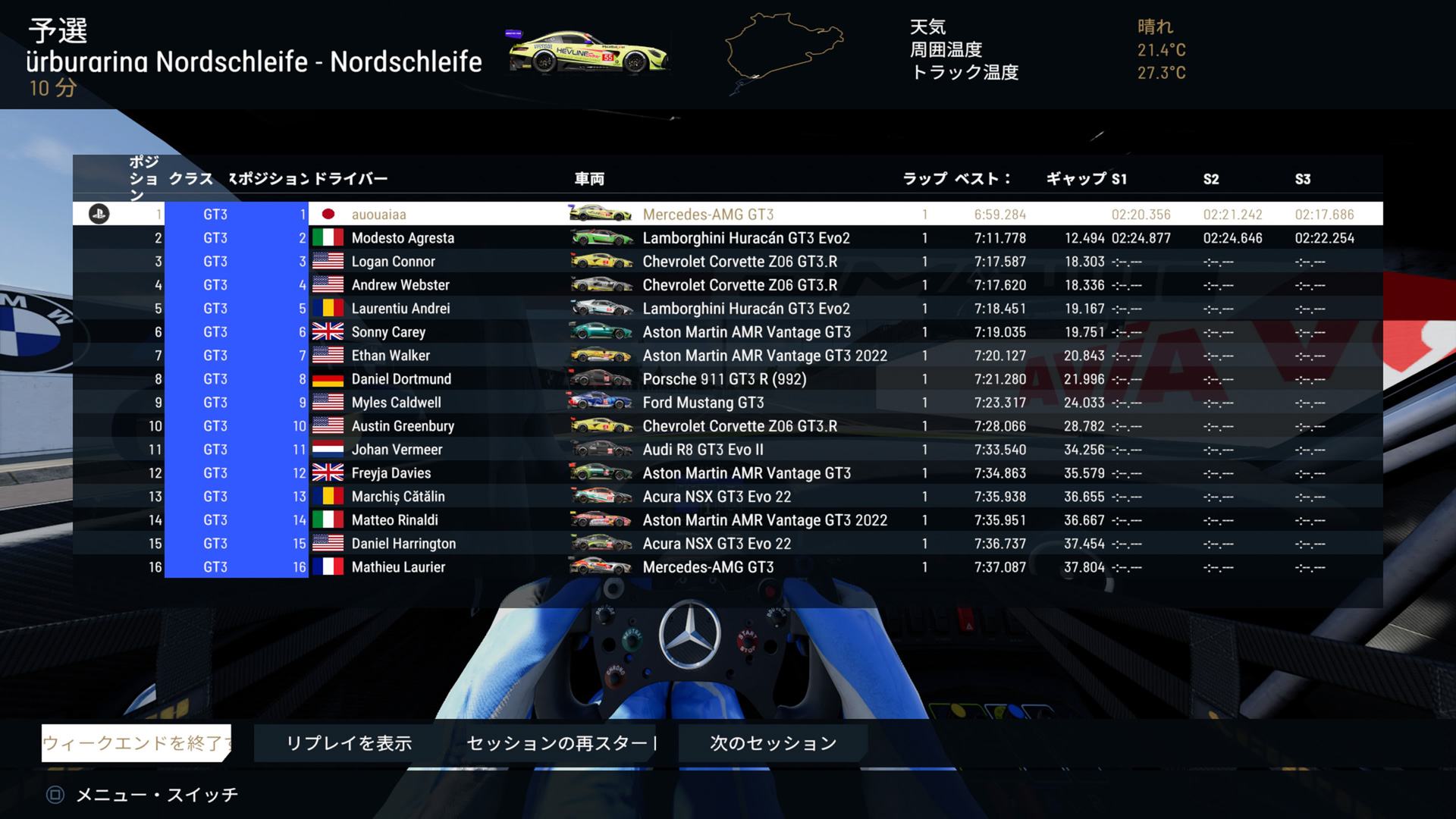 AI難易度を30に設定した予選タイムの一覧