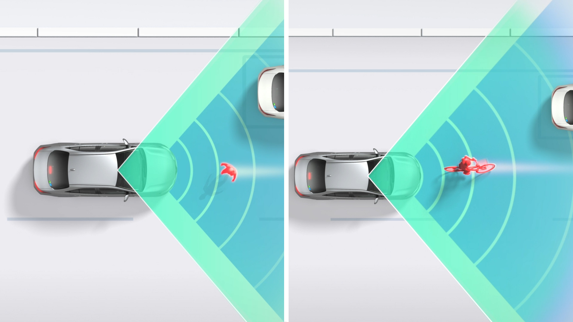 プリクラッシュセーフティ ： 直進時の歩行者・自転車運転者検知機能（作動イメージ）