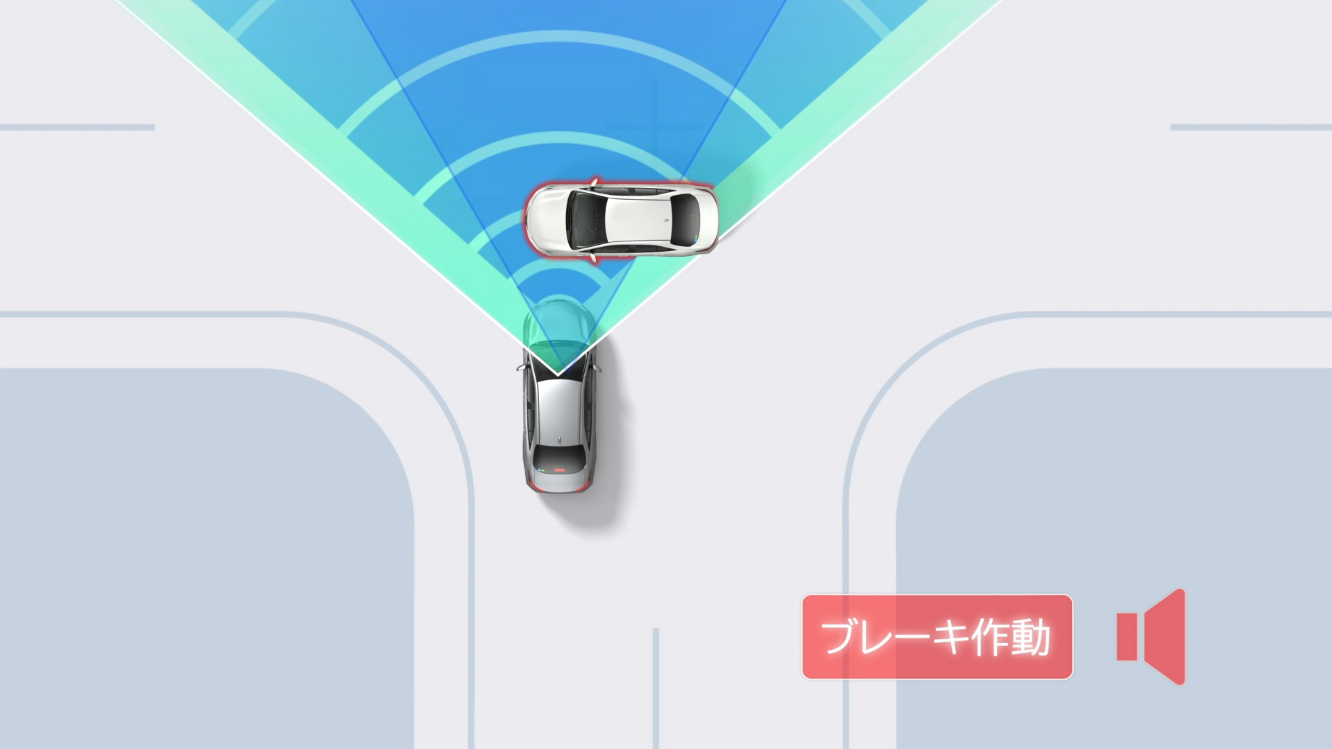 プリクラッシュセーフティ ： 「交差点」出会い頭時の車両・自動二輪車検知機能（作動イメージ）