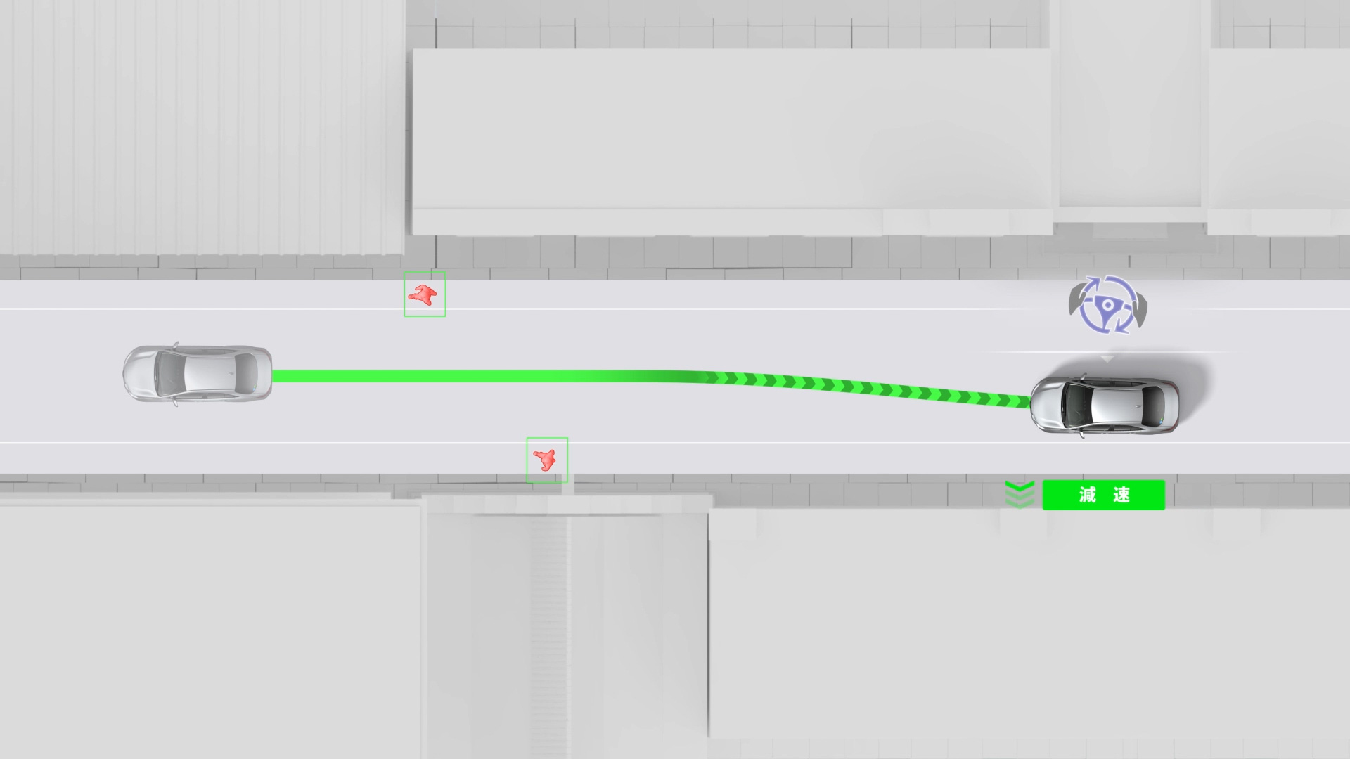 プロアクティブドライビングアシスト ： 歩行者／自転車運転者／駐車車両に対する操舵・減速支援（作動イメージ）