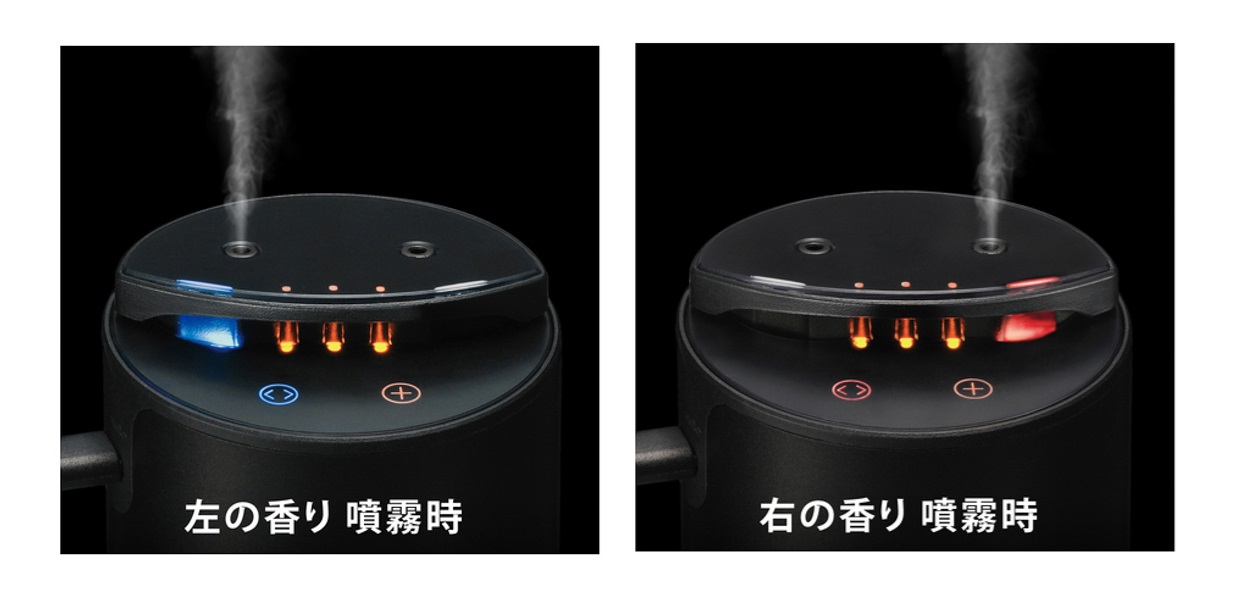 それぞれのフレグランスオイルに噴霧口が備わっている