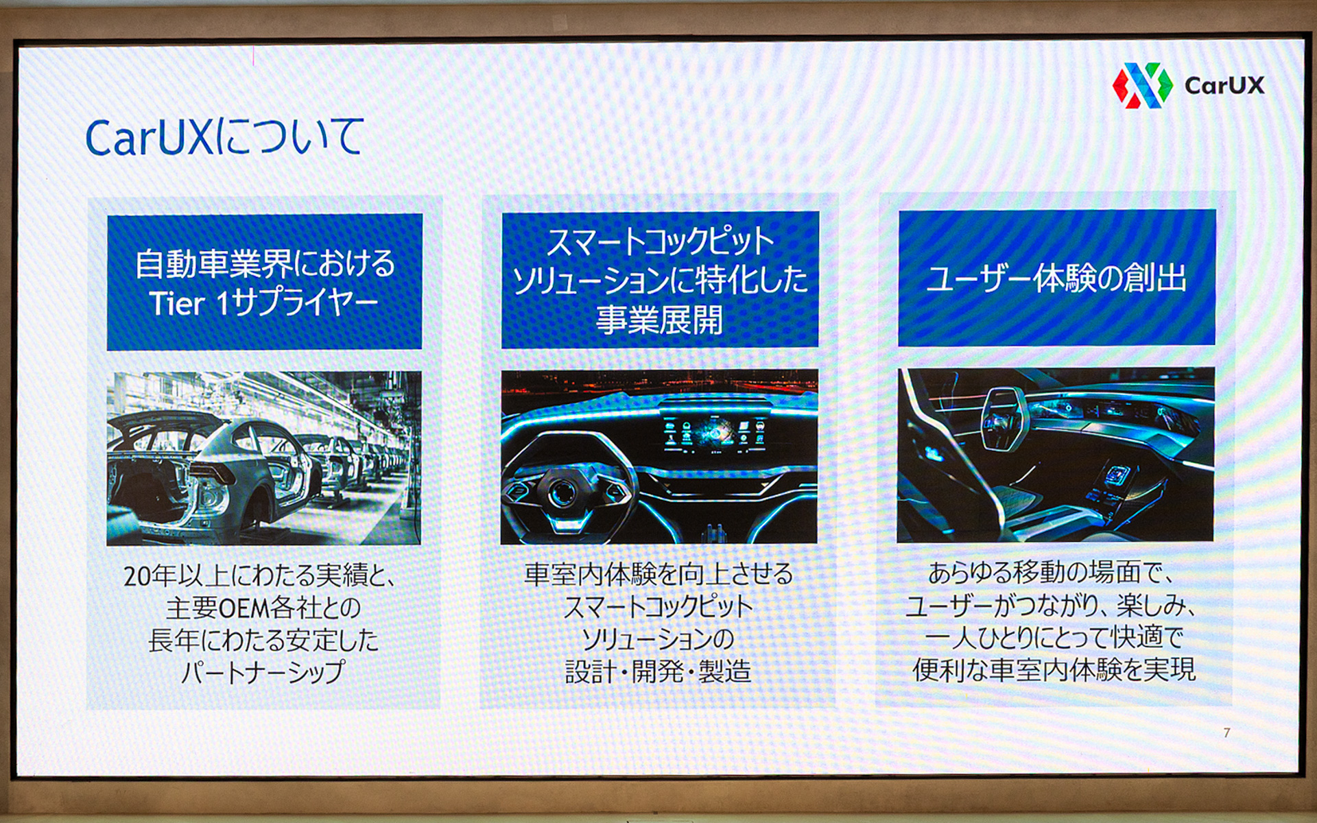CarUXの紹介。同社はスマートコクピットのティアワンサプライヤー