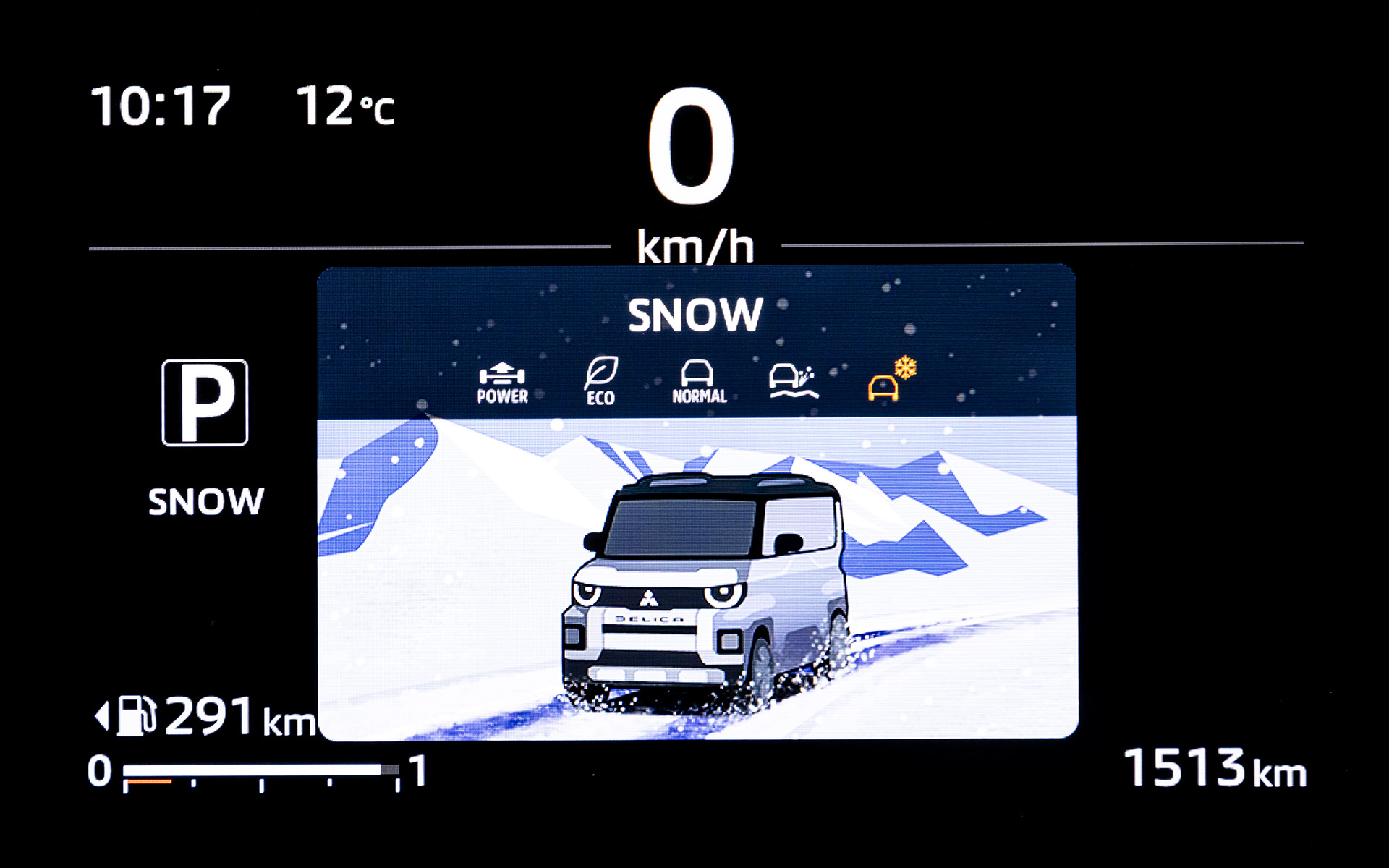 走行モードを切り替えると、かわいいイラストのデリカミニが走りをイメージした絵で表示される