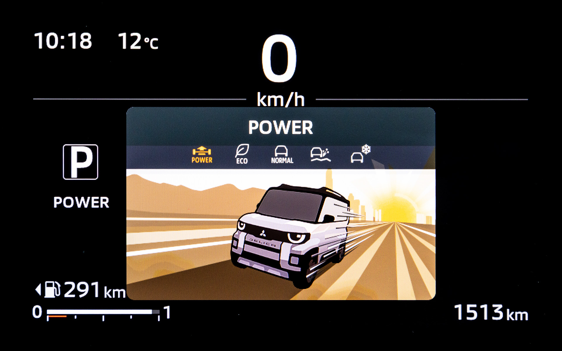 走行モードを切り替えると、かわいいイラストのデリカミニが走りをイメージした絵で表示される