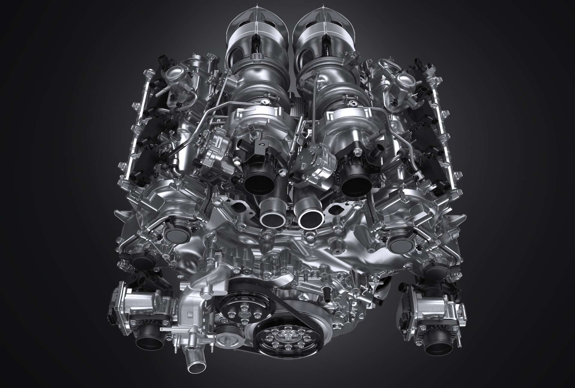 新開発のV型8気筒 4.0リッターツインターボエンジン。タービンは内側にありいわゆるホットインサイド式