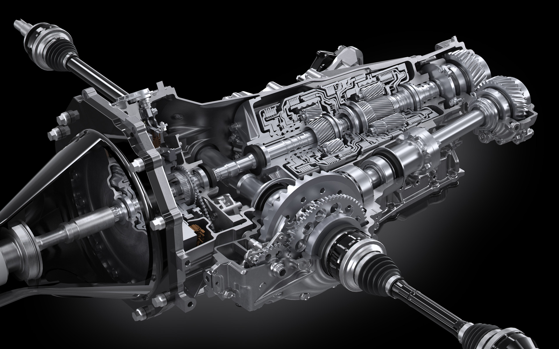 リアのトランスアクスル。1モーターハイブリッド、8速AT