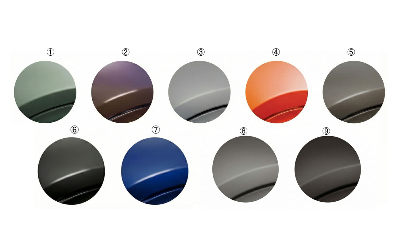 左上から、メタリックペイントの「ヴェルデ ロイヤル」「ナイト インタラクション」「ビアンコ アストロ」「デビル オレンジ」「グリージョ ラヴァ」「ネロ テンペスタ」「ブルー インテンソ」、マットペイントの「ラメ フォルゴレ マット」「グリージョ ラヴァ マット」