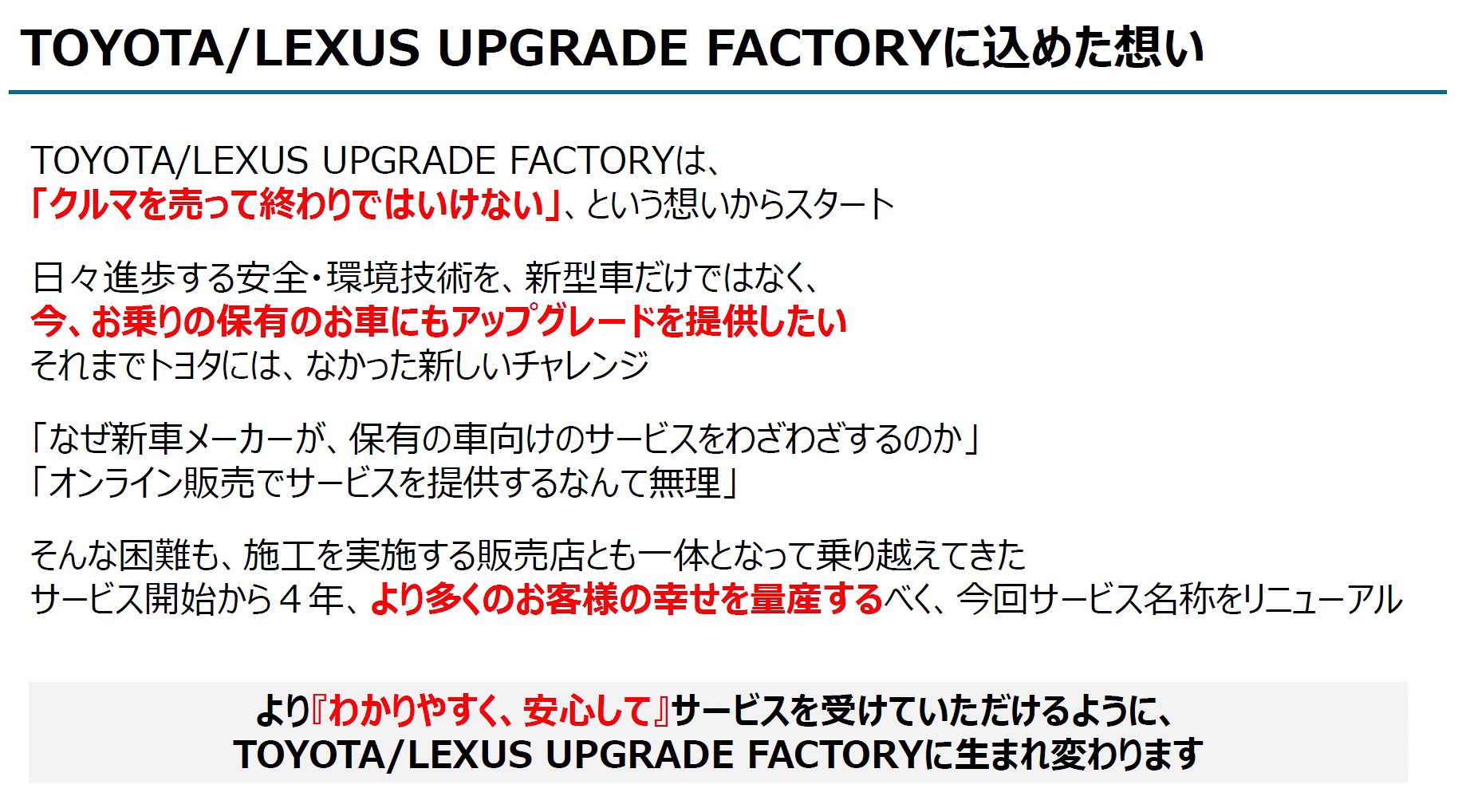 トヨタとレクサスで行なっているサービスであることをより明確に伝え、安心して利用してもらうことを目指して名称変更を実施。アップグレードファクトリーの運営などについてはこれまで同様、トヨタから委託契約されたKINTOが担当する
