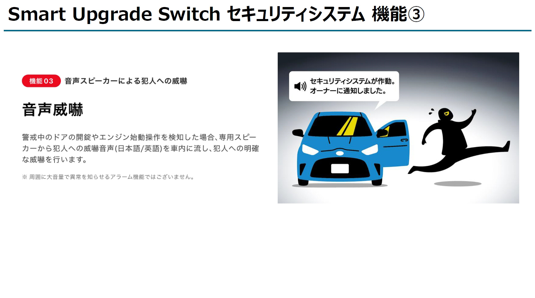 専用装着するスピーカーで日本語と英語の威嚇メッセージを車内に流す「犯人への音声威嚇」機能により、犯人に犯行を諦めるよう伝える
