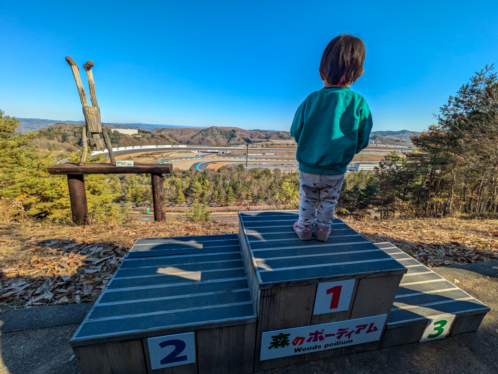 サーキットの一部も見わたせる。サーキットと自然が融合したモビリティリゾートもてぎならではの景色
