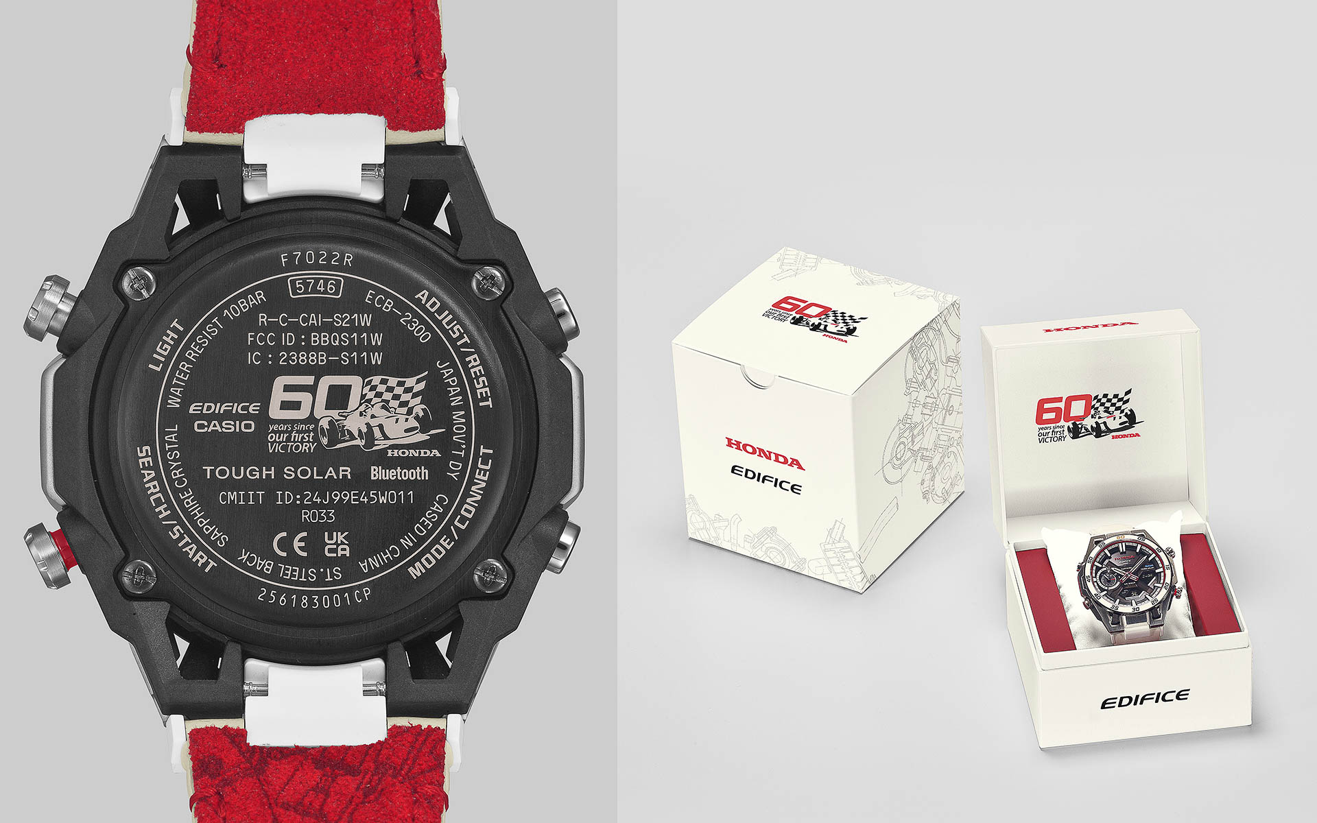 裏蓋にはF1初優勝60周年を記念したホンダオリジナルロゴをレーザー刻印する