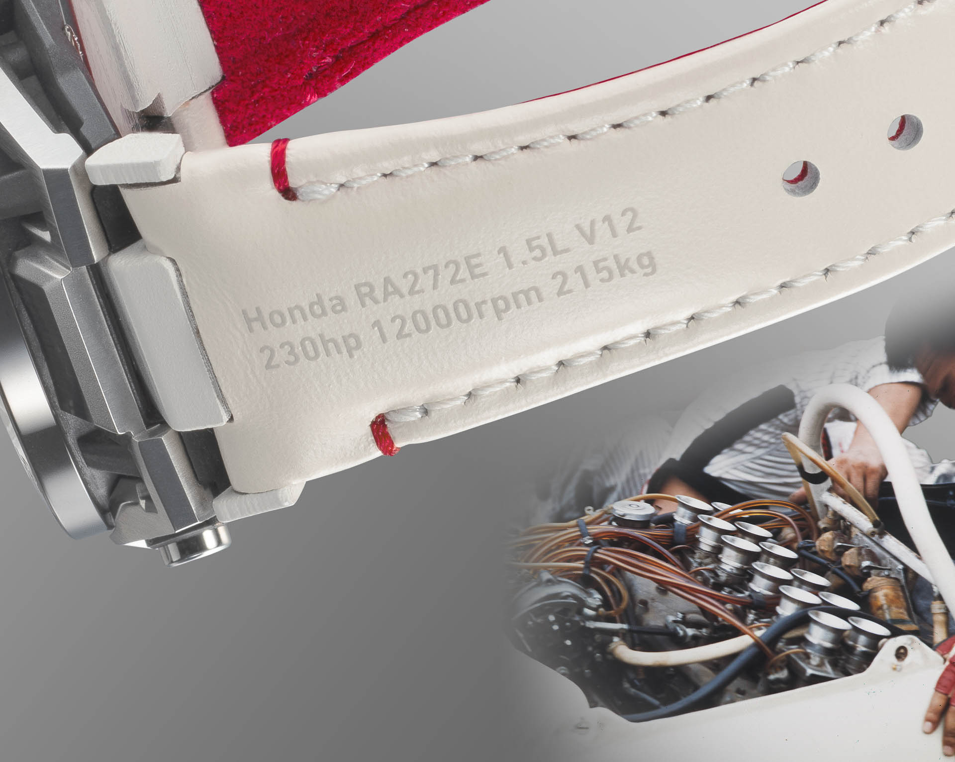 バンドにはV型12気筒 1.5リッターエンジンのスペックとグラフィックパターン化したエンジン図面をあしらっている