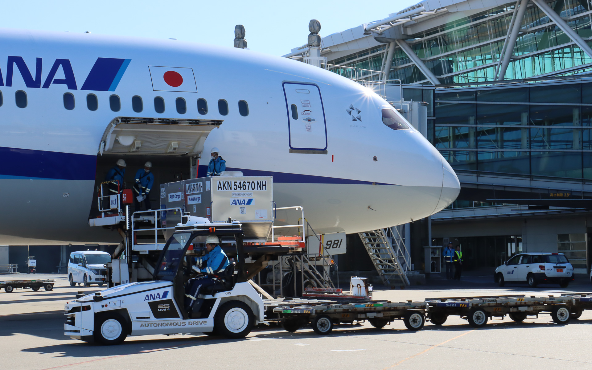 スタッフが飛行機に隣接する位置まで手動運転し、貨物が手際よく降ろされていく