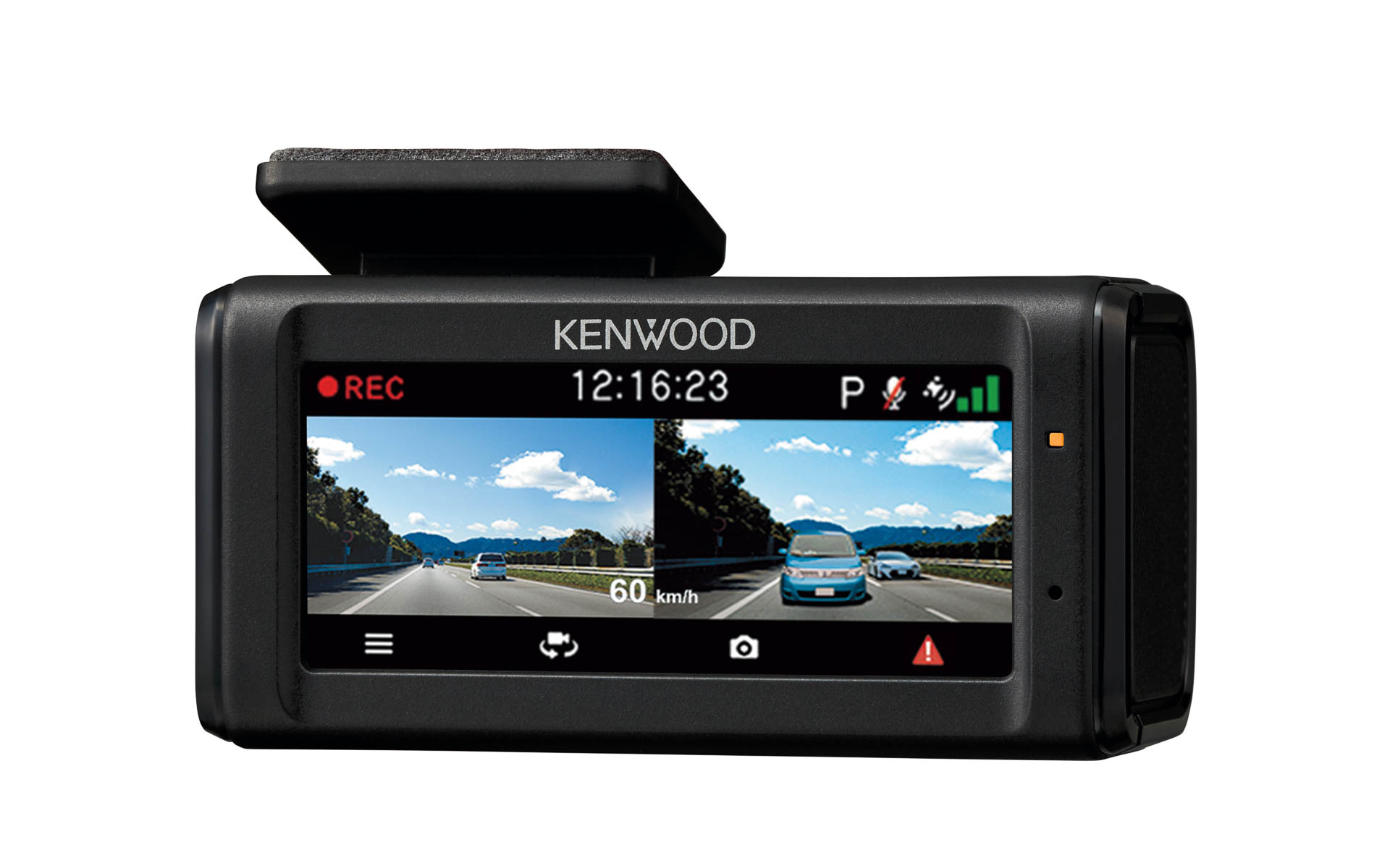 2.23V型ワイド液晶を採用し、録画中の前後方画面を並べて表示可能