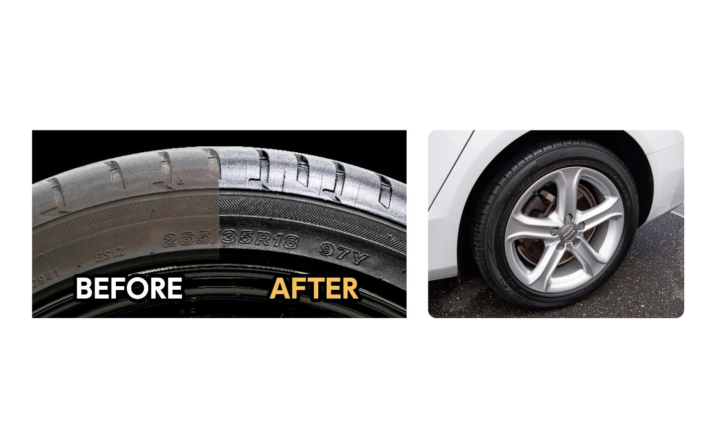 タイヤにシックで上品な黒ツヤを提供し、雨や紫外線、汚れなどからタイヤのゴムを守る