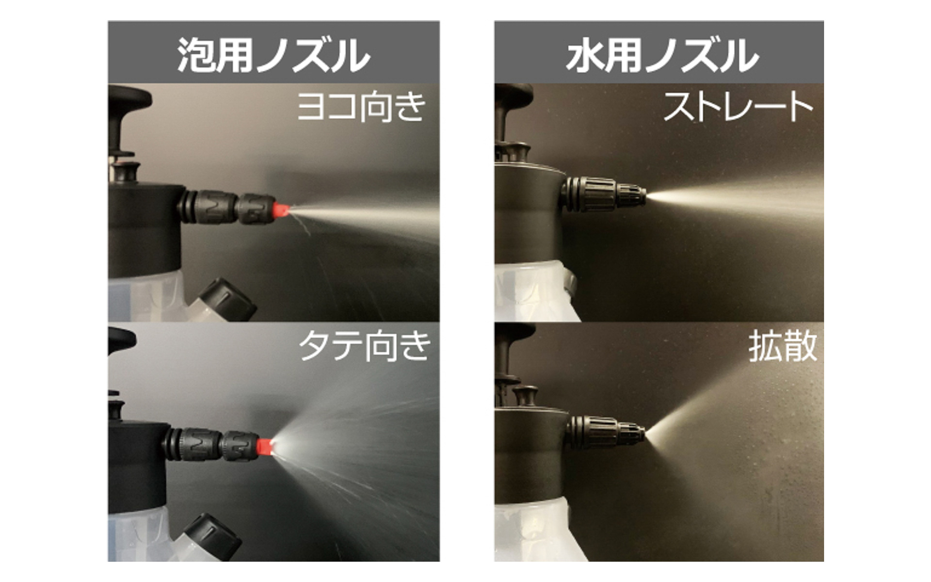 泡用ノズルと水用ノズルの2種類が付属