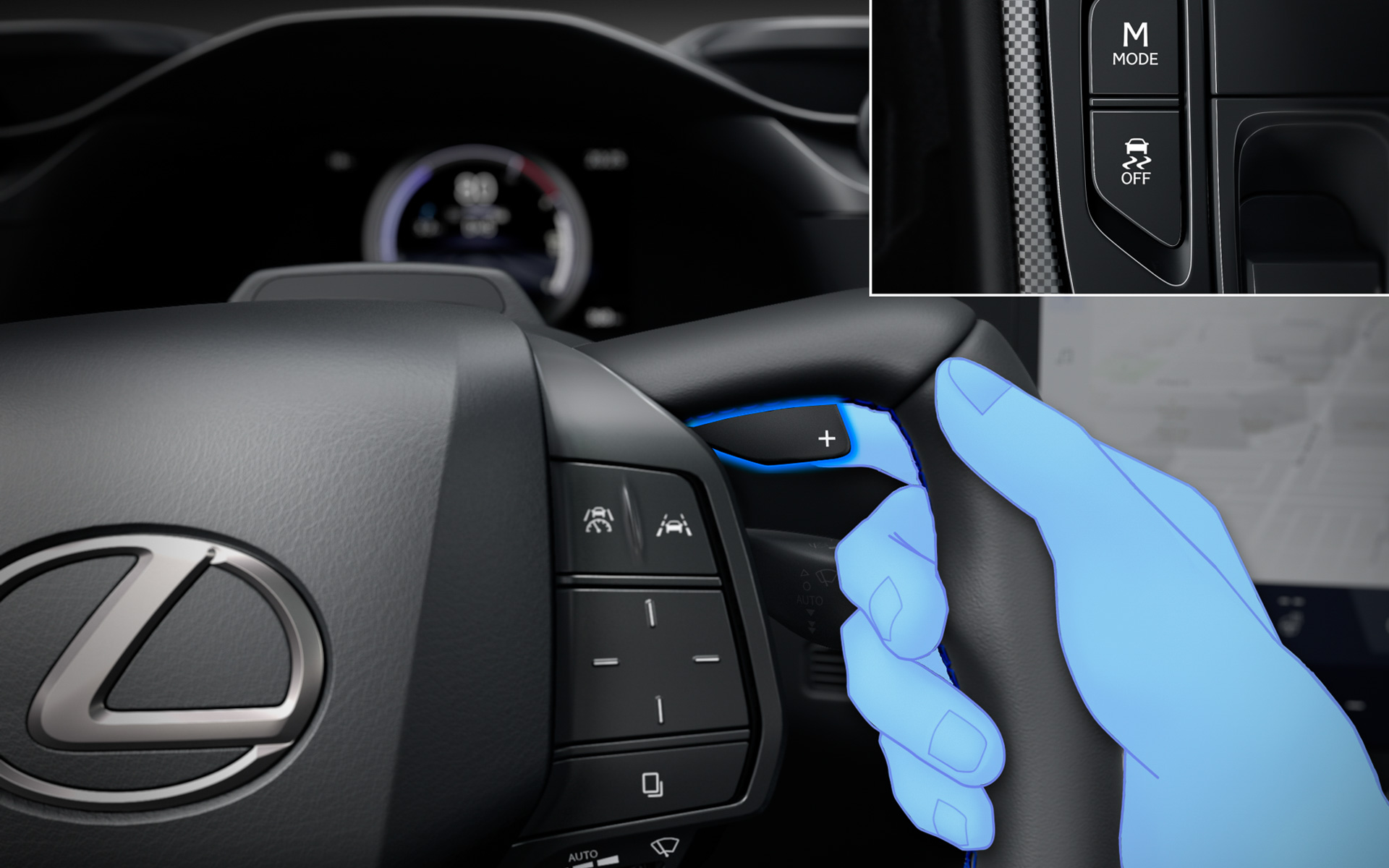 Mモードスイッチを押すことで、インタラクティブマニュアルドライブモードになる。パドルを使って8速の疑似変速操作ができる