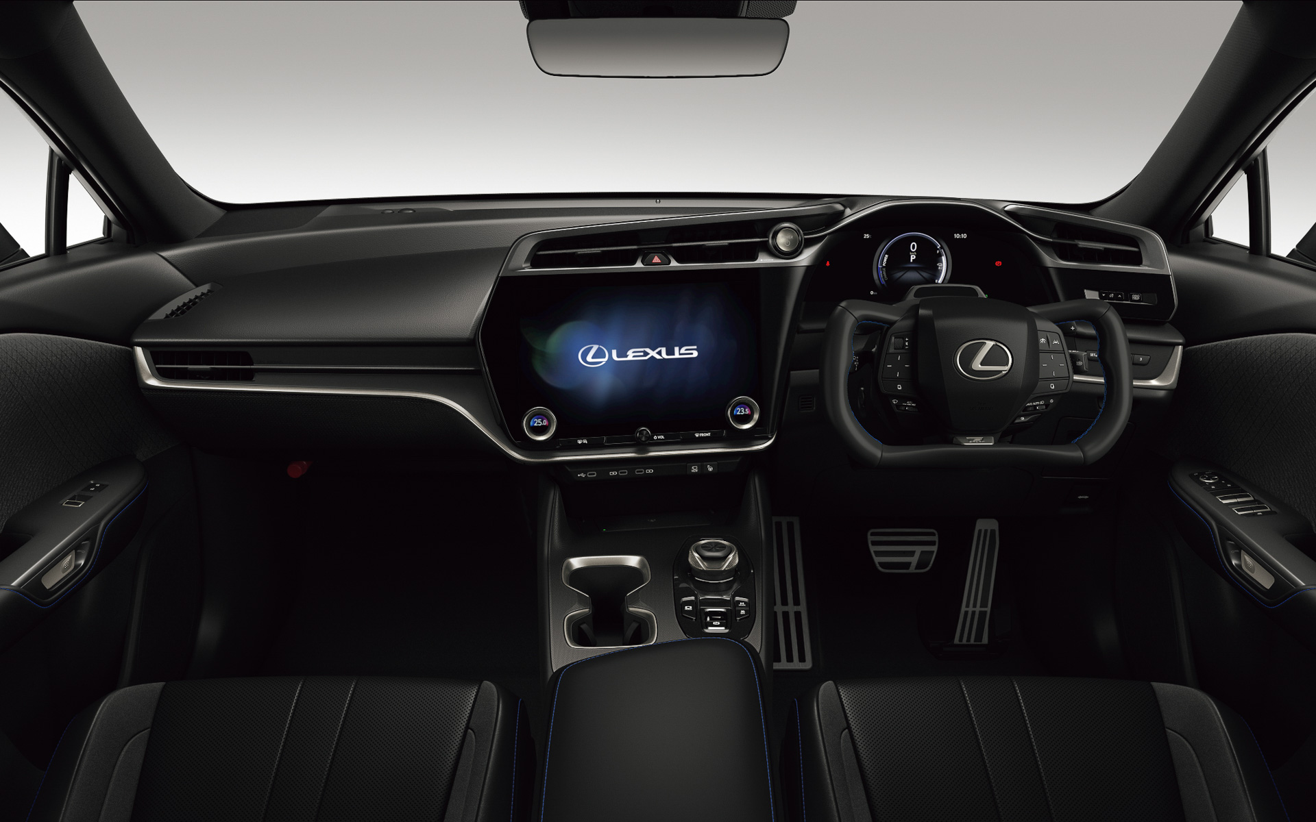 レクサス RZ550e“F SPORT”のコクピット。「ステアバイワイヤシステム用ステアリングホイール」を装備し、ステアバイワイヤシステムを採用