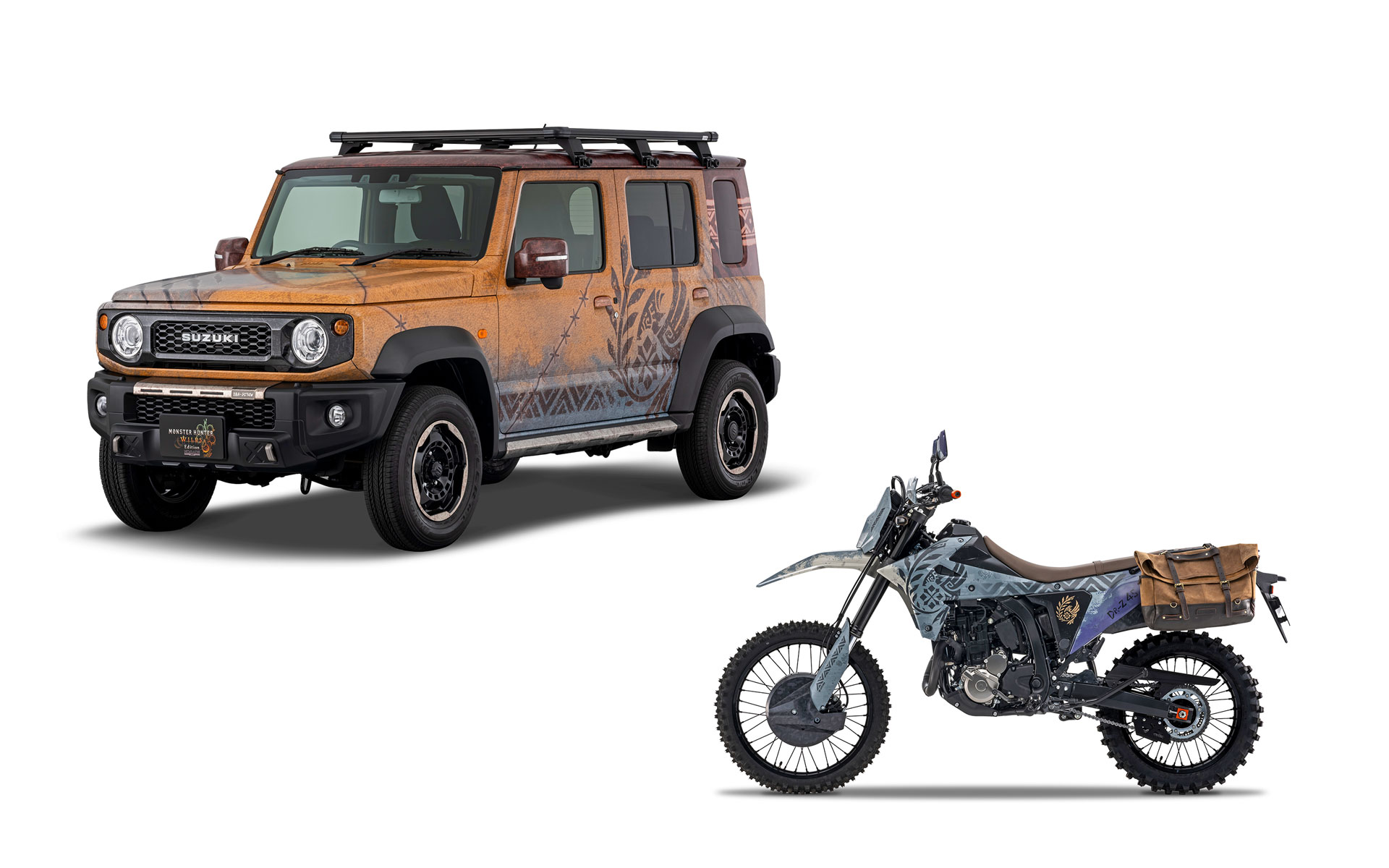 JIMNY NOMADE MONSTER HUNTER WILDS Edition（左）とDR-Z4S MONSTER HUNTER WILDS Edition（右）