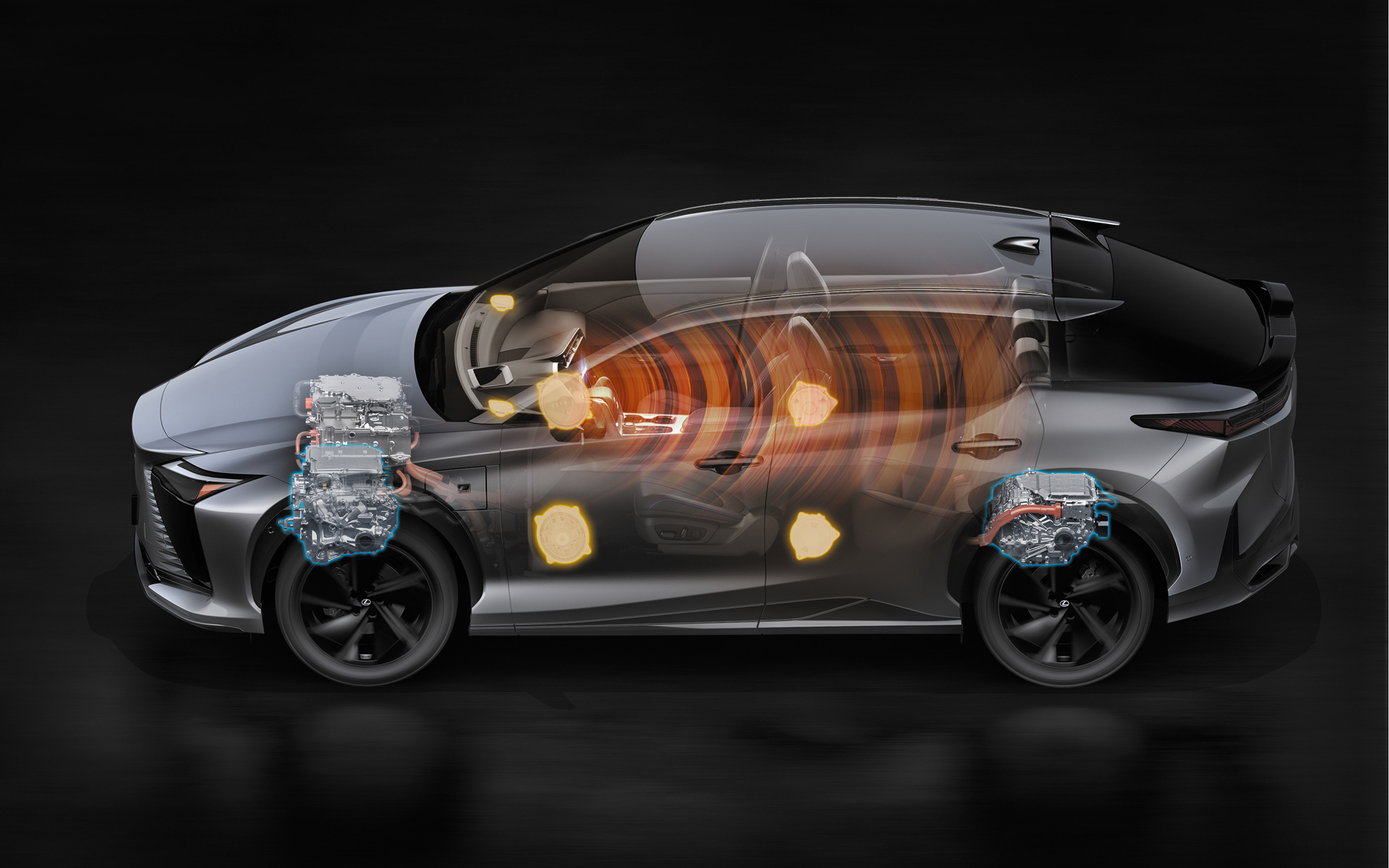 インタラクティブマニュアルドライブサウンドは、車速や駆動力に連動したサウンドを前後のスピーカーから出力することで、ダイナミックで臨場感のあるドライビング体験を実現する