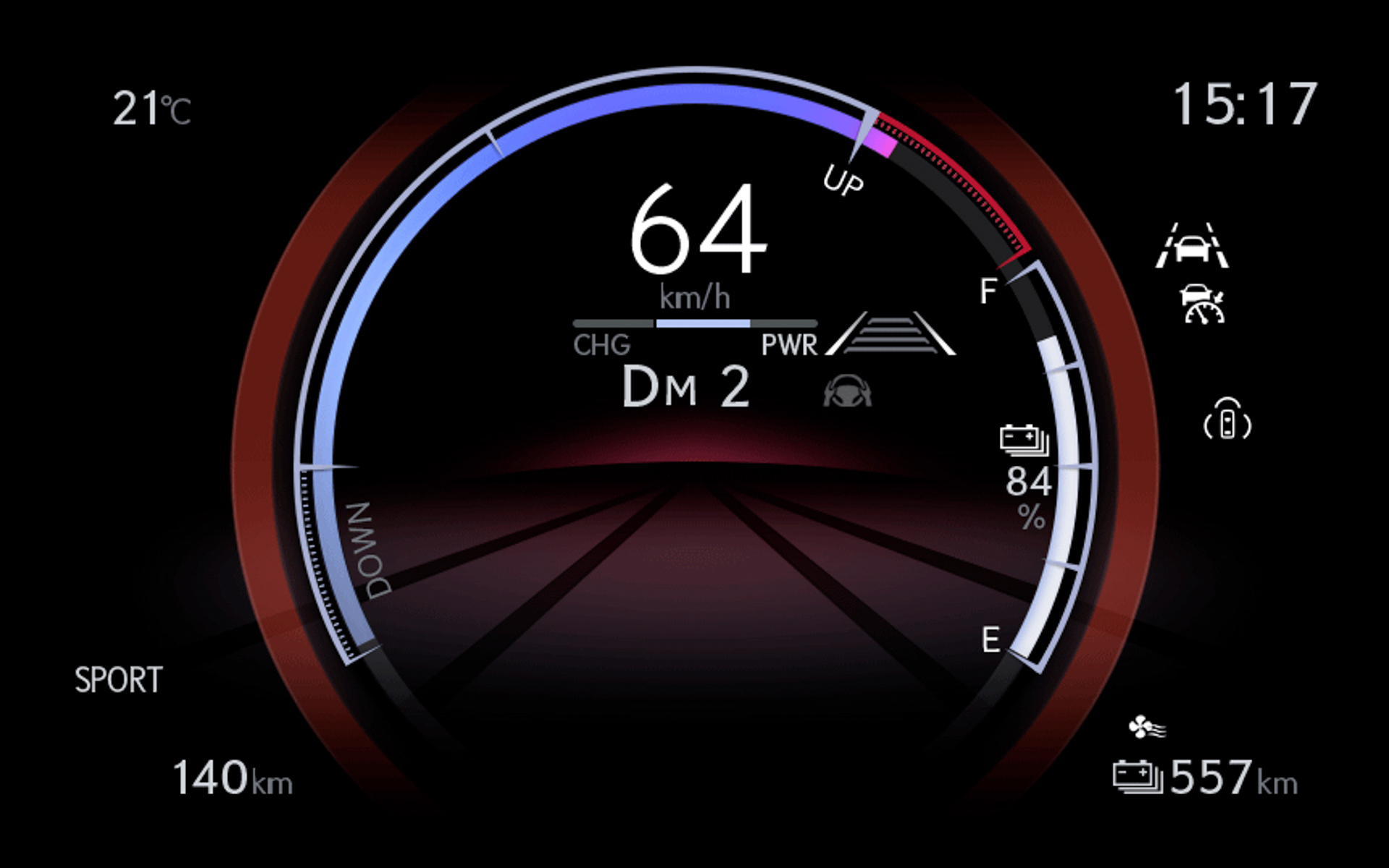 シフトガイドメーターは、タコメーターとパワーメーターの特徴をあわせもったメーター。仮想パワーソース回転数の増減およびパワーの大小に応じて伸縮するとともに、シフトポジションのギヤ段を表示。バーの長さによって変速操作の必要性をドライバーに視覚的なインフォメーションとして表示し、テンポのよいシフトワークを促してドライバーとクルマの一体感を高めてくれる
