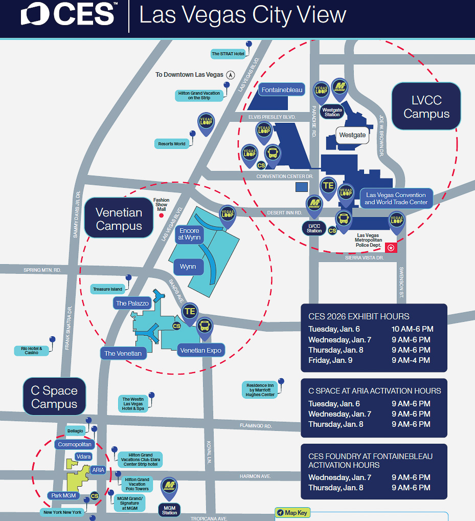 CES2026が開催されるラスベガスの地図。各所で展示が行なわれる