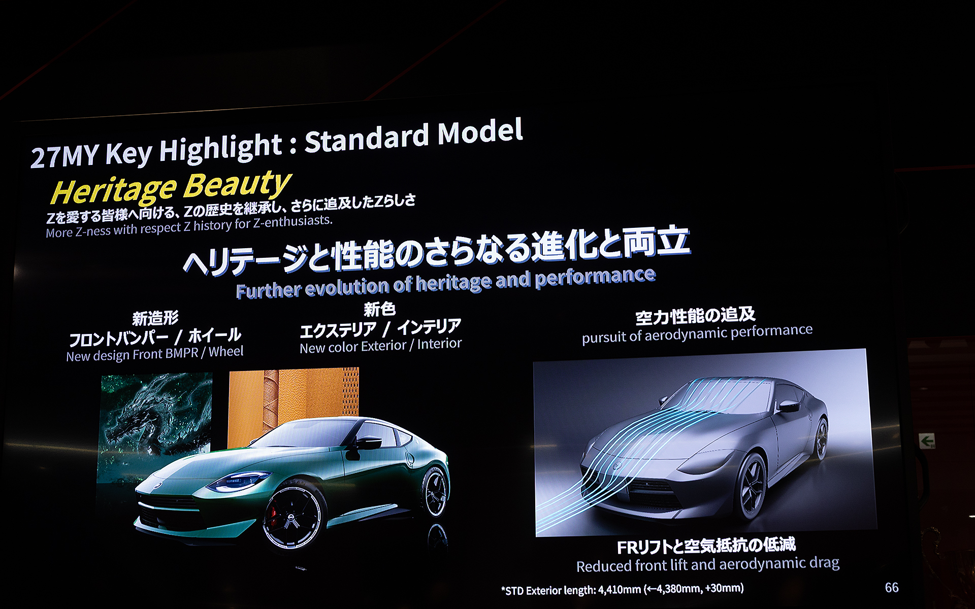 今回のマイナーチェンジではデザイン、カラー、空力性能に変更が加えられた。なお、スライド資料にある基準車のマイナーチェンジモデルに装着されるブレーキキャリパーのカラーはデザイン段階のもので、販売される車両とはカラーが異なる