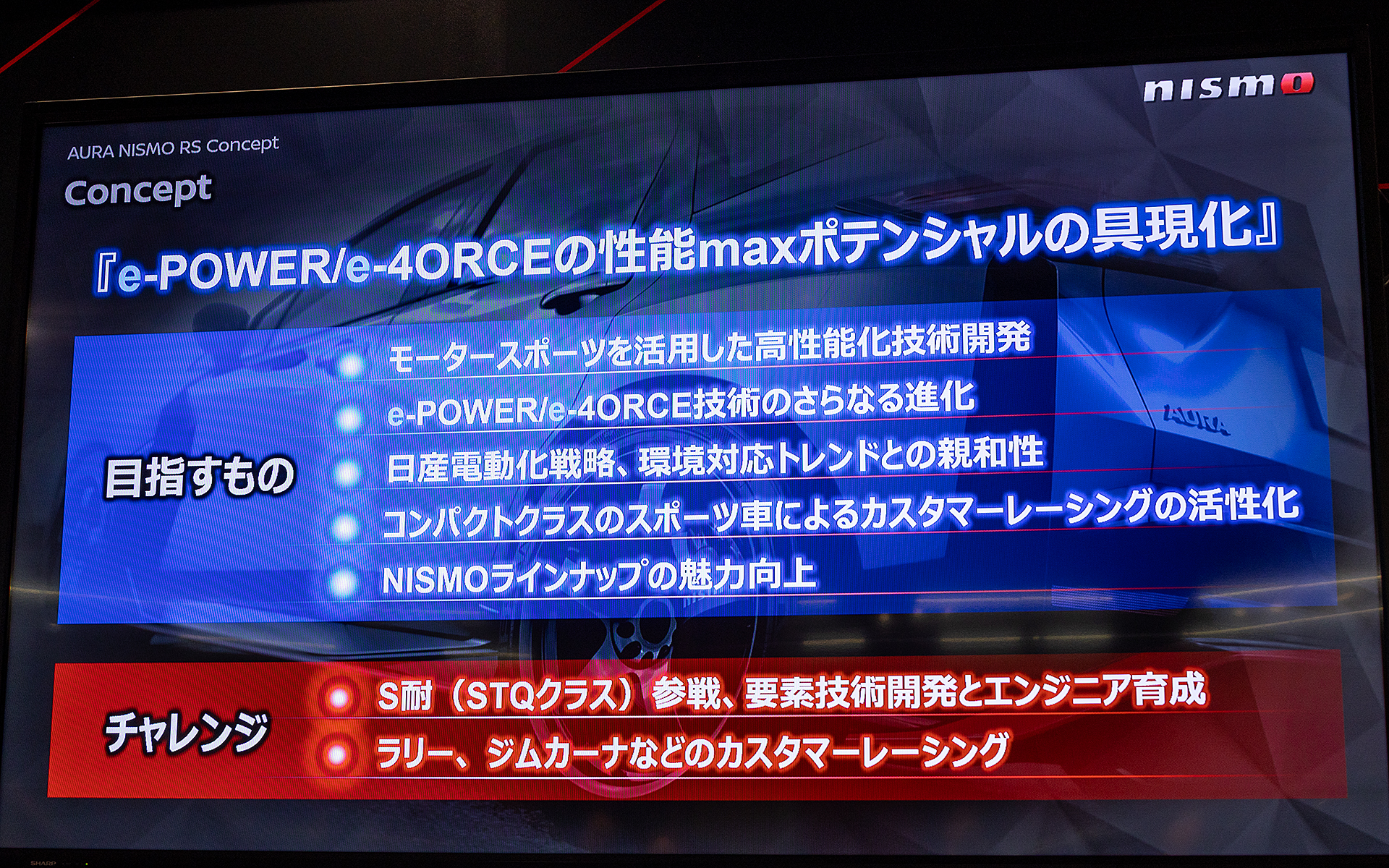 AURA NISMO RS ConceptはS耐（ST-Qクラス）のほか、ラリー、ジムカーナなど各種モータースポーツへの挑戦も検討されている