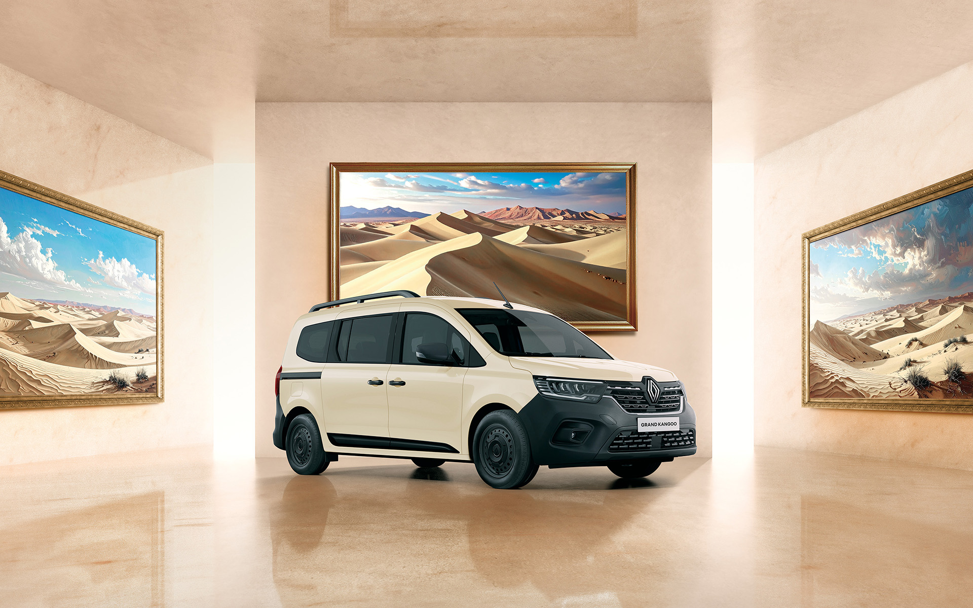 ボディカラーは「ベージュサハラ」。ボディサイズは4910×1860×1810mm（全長×全幅×全高）、ホイールベースは3100mm。カングーから全長が420mm長く、ホイールベースが390mm長くなった。車両重量は同じガソリン仕様のカングーから120kg重い1690kg