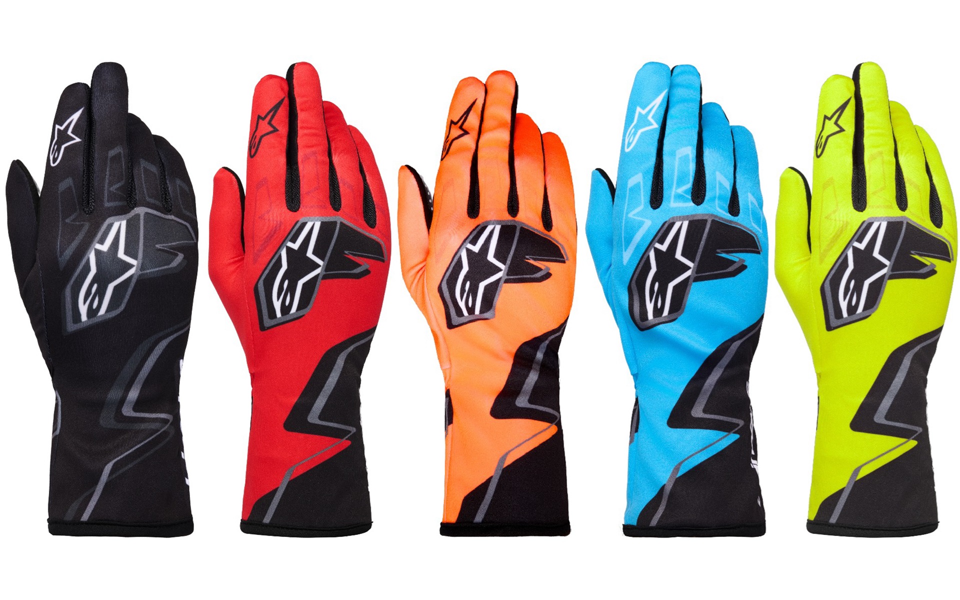 カラーは左から「BLACK TAR GRAY WHITE」「RED BRIGHT BLACK WHITE」「ORANGE FLUO BLACK WHITE」「CYAN BLACK WHITE」「YELLOW FLUO BLACK WHITE」