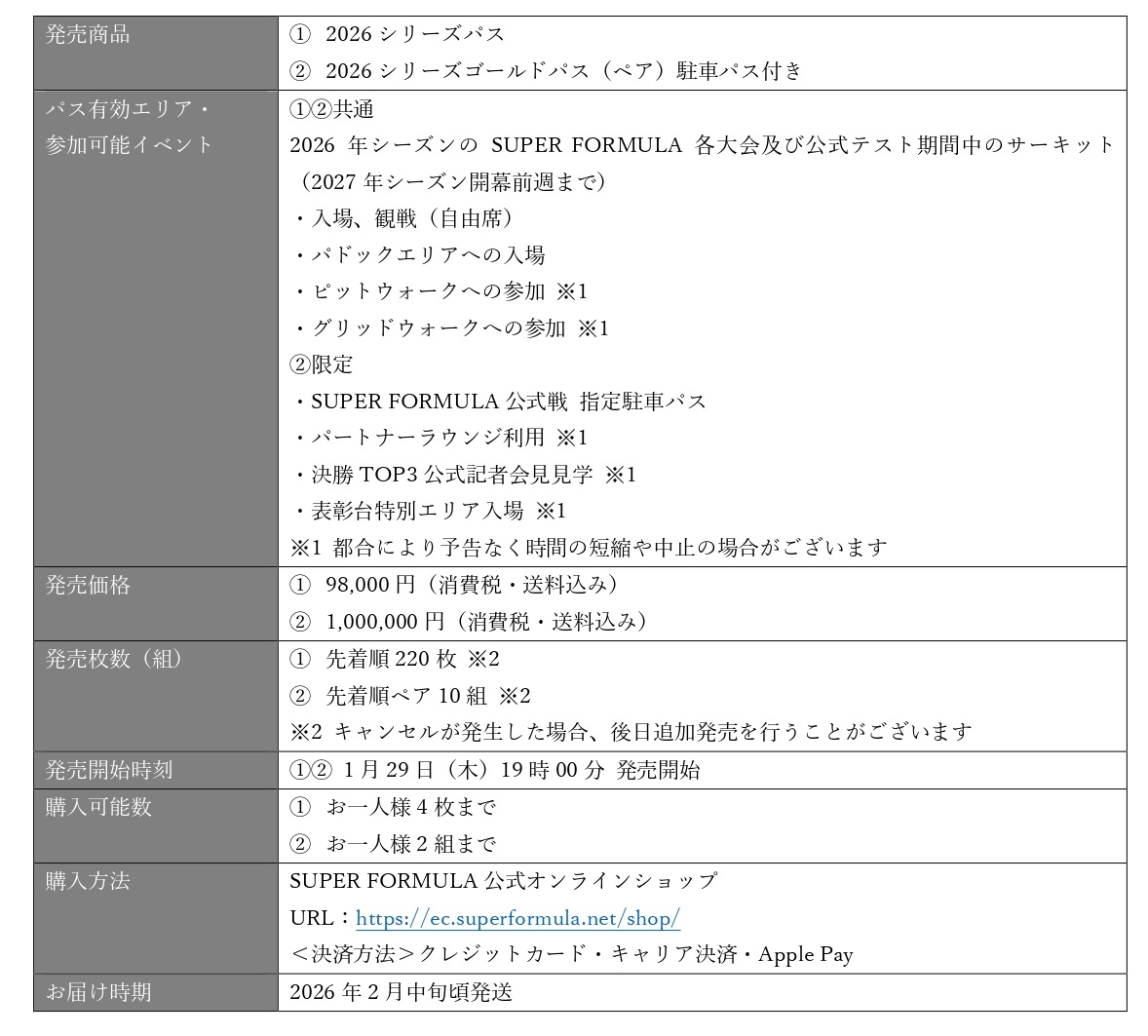 2026シリーズパス発売概要