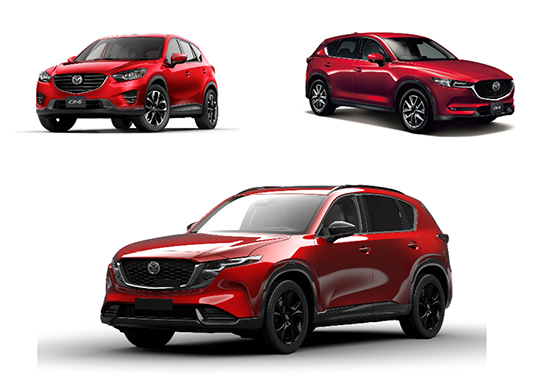初代「CX-5」（上段左上）、2代目「CX-5」（上段右上）、3代目新型「CX-5」（下段）