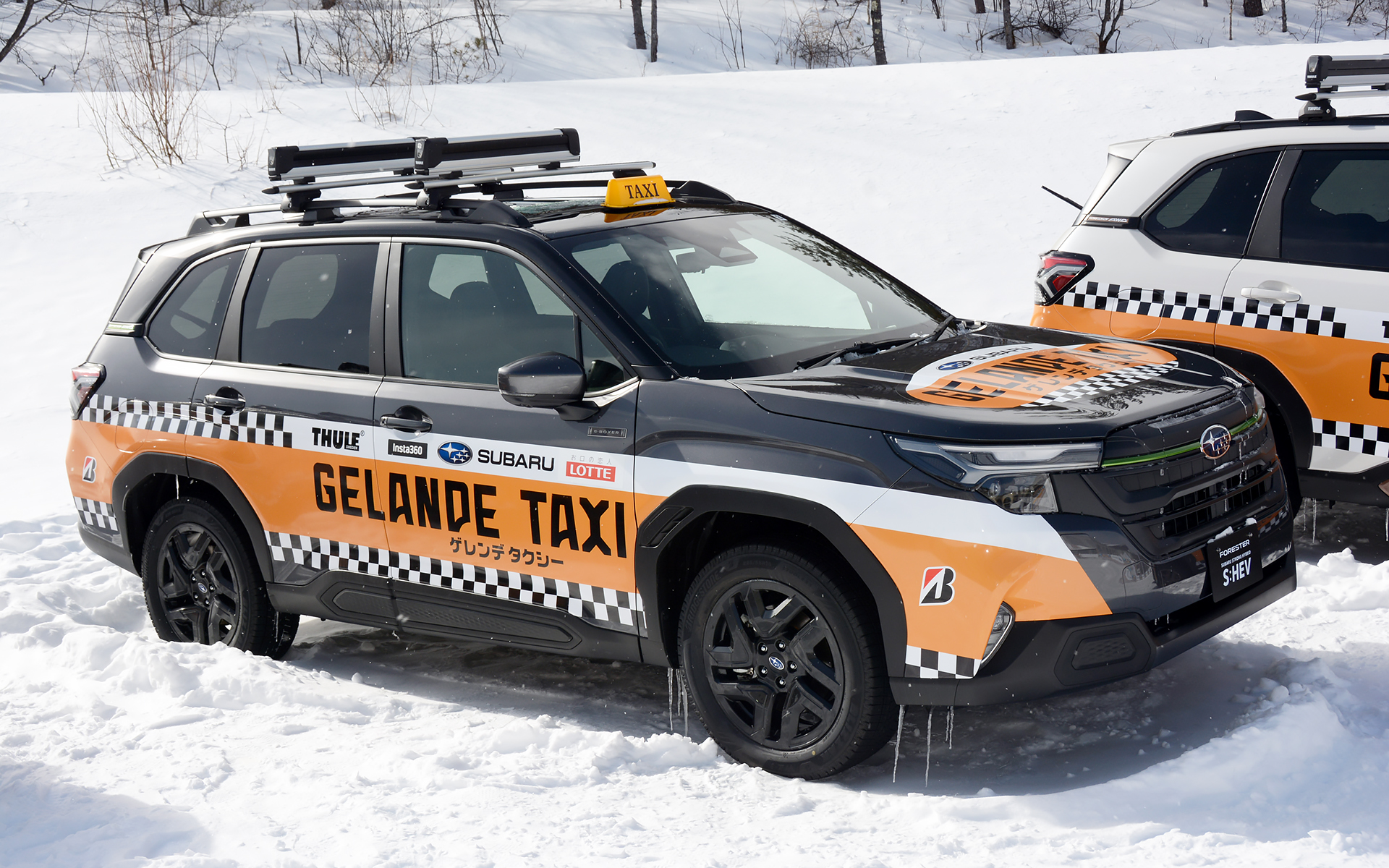 ゲレンデタクシー用のスバル車には専用のラッピングが施され、「TAXI」の行灯をルーフに搭載。ゲレンデということで、スーリーのキャリアも装着している。スタッドレスタイヤをはいているということ以外は、ノーマル仕様の車両だ