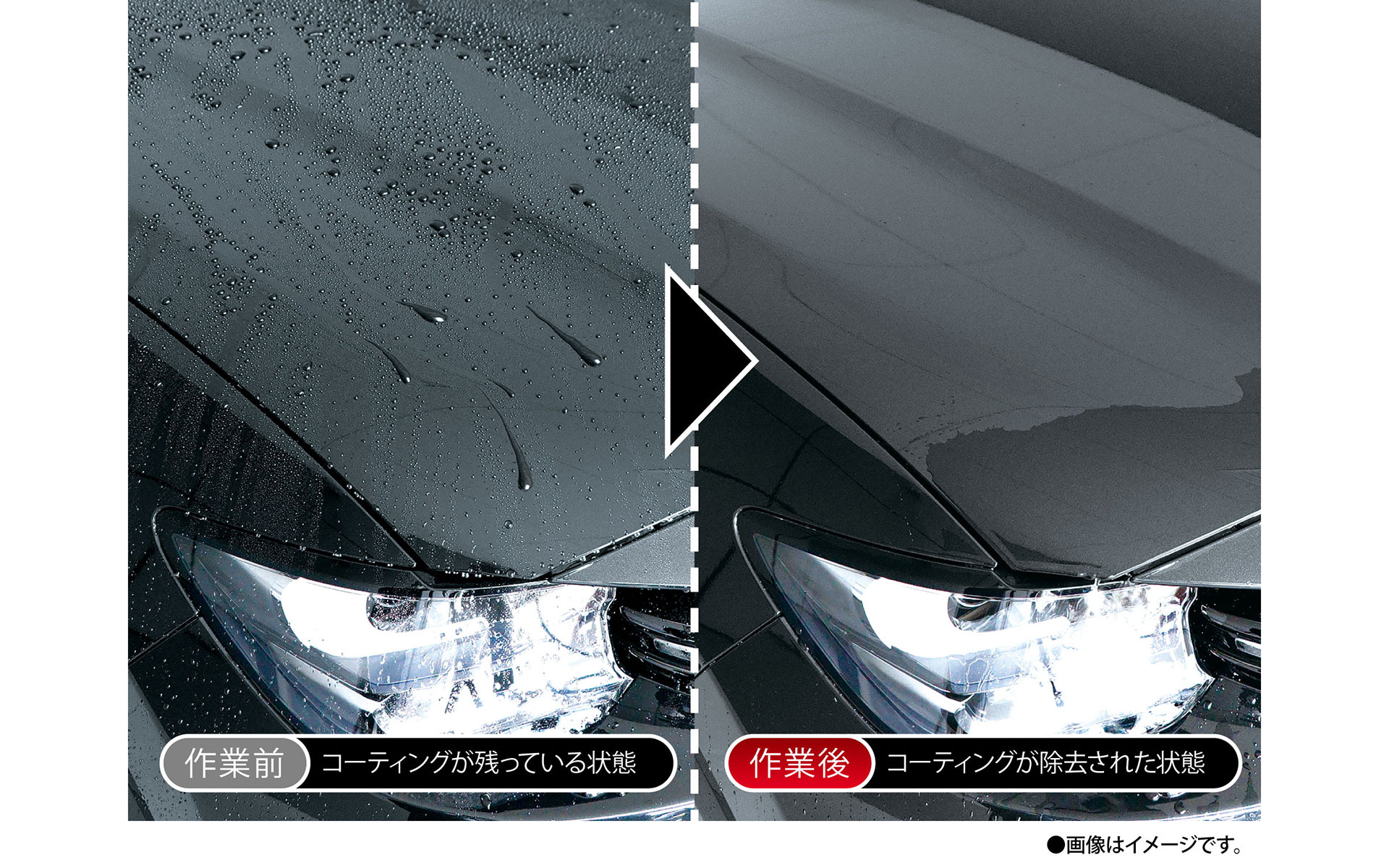 作業後は古いコーティングが除去されるため、水をかけるとボディ表面は親水状態になる