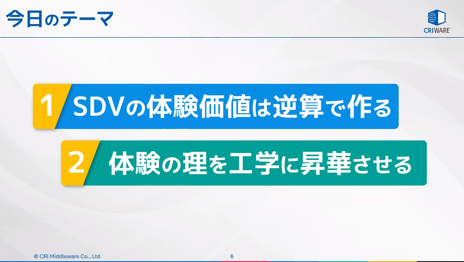 講演内容は大きく分けて「SDVの体験価値は逆算で作る」「体験の理を工学に昇華させる」の2つ