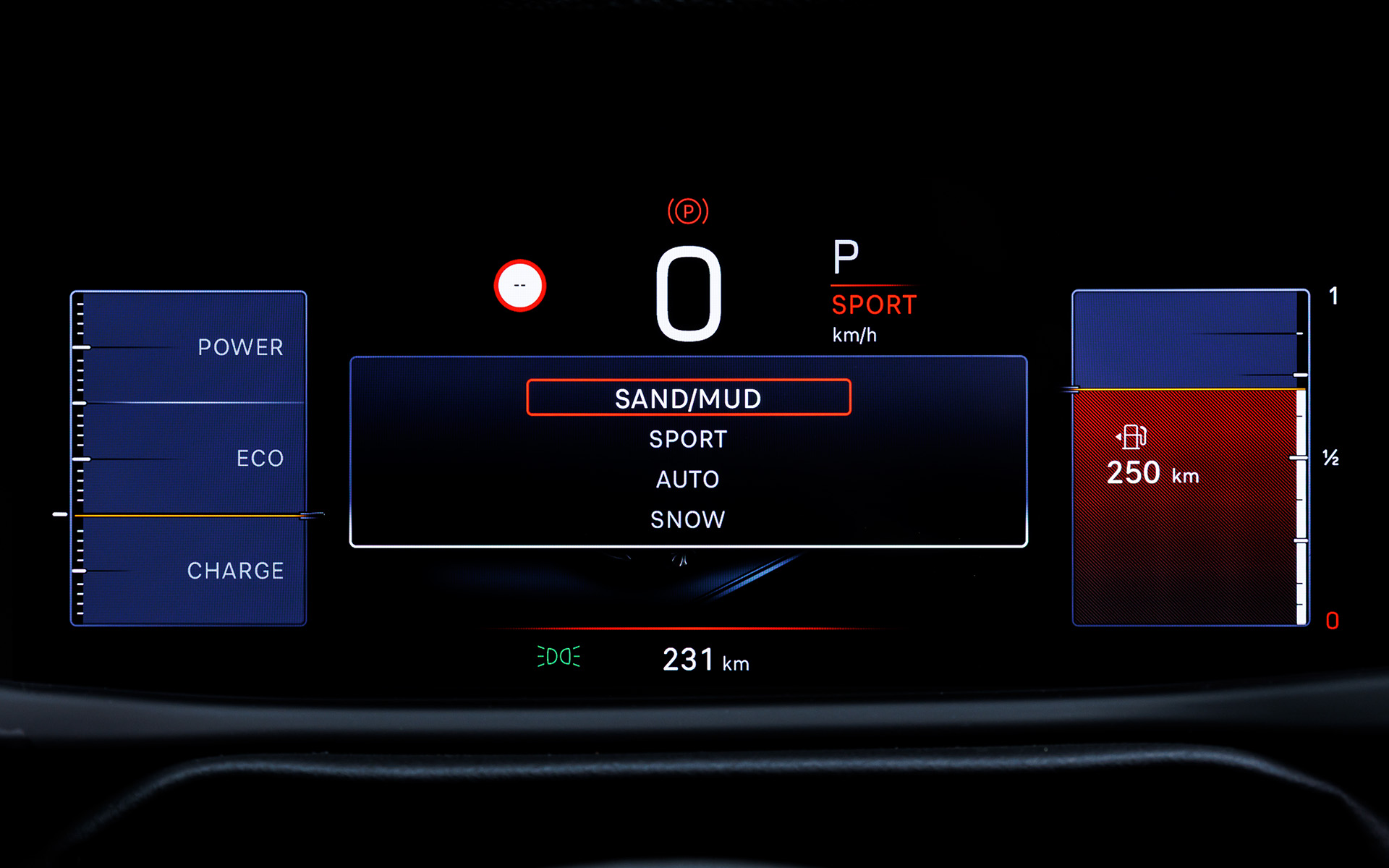 路面の状況に合わせて走行モードを選べる「セレクテレインシステム」を装備。「AUTO」「SPORT」「SNOW」「SAND/MUD」から選択可能