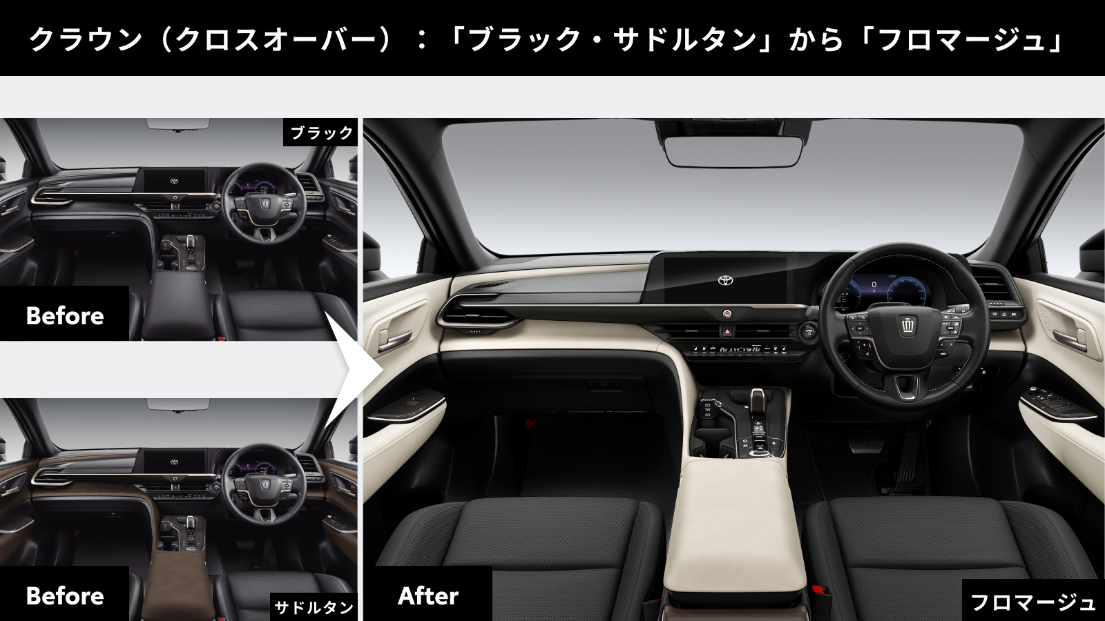 クラウン（クロスオーバー）のオススメカラーコーディネート。上質で温かみのある「フロマージュ」に変更することで、車内を明るく開放的な空間へと導く