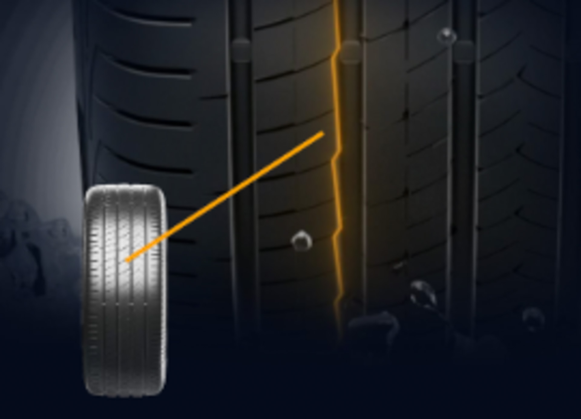 ブレードエッジ・デザイン：縦溝のブレードエッジ・デザインで水膜を効率的に除去。鋭いエッジが水膜を破ることで排水効果を高め、タイヤと路面との接触面積を確保。ウェット路面でのグリップ力を向上させ、雨天時のスリップを防止する