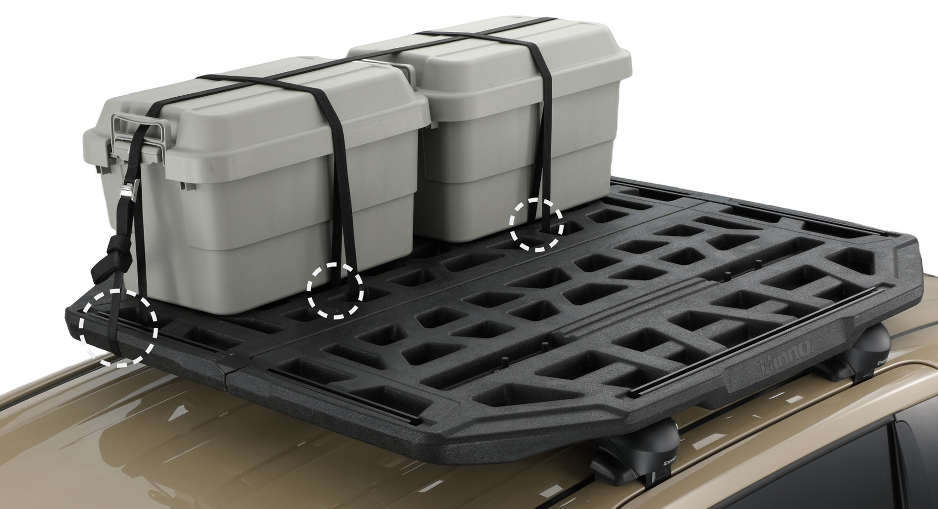 多穴により荷物のサイズや形状に合わせてベルトを通せる。軽量な樹脂製でもしっかりとした強度を実現している