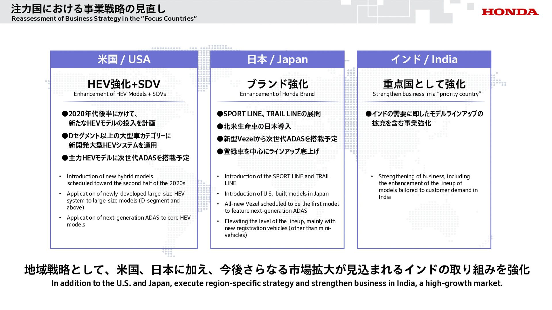 米国、日本、インドと注力国における事業戦略の見直し
