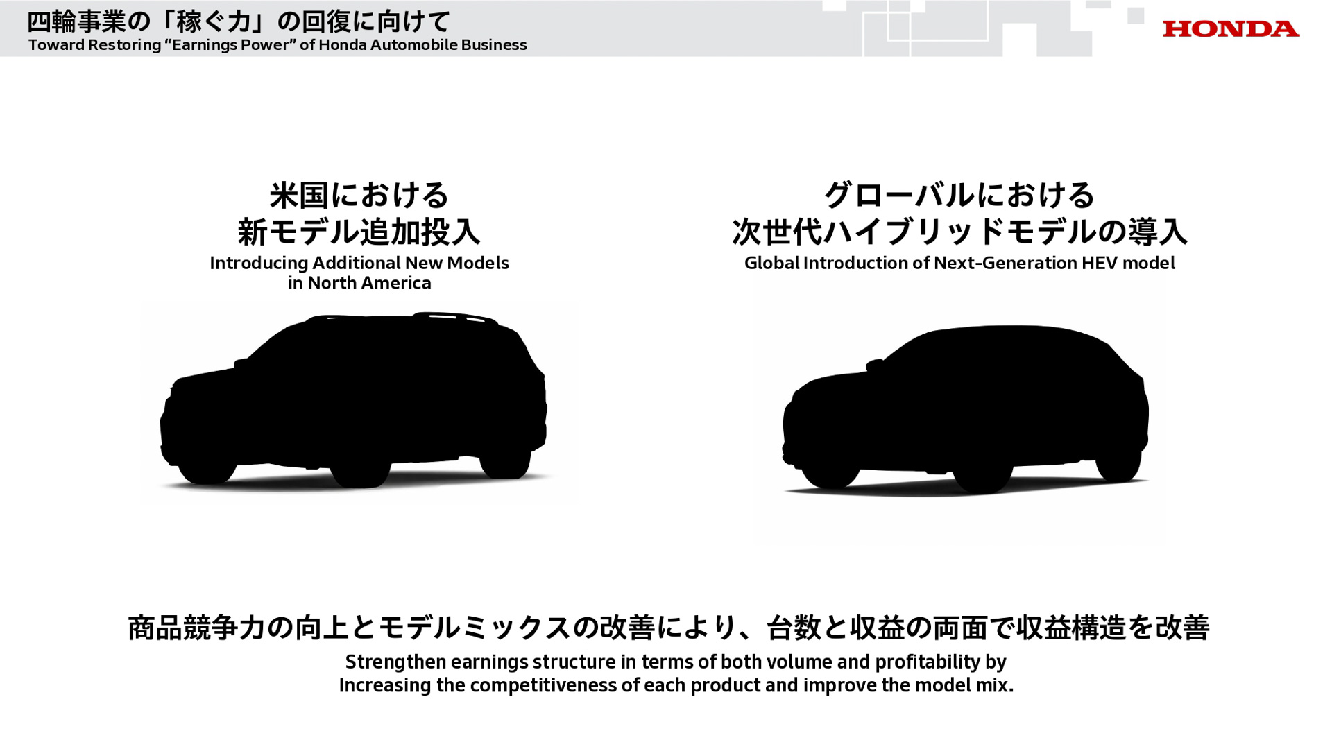 四輪事業の稼ぐ力の回復に向けて、米国における新モデルの追加投入とグローバルにおける次世代ハイブリッドモデルの導入が予告された