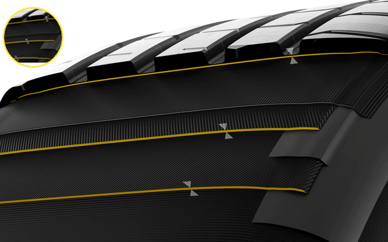 スチールベルト、キャッププライ、アンダートレッド部を組み合わせてエネルギー損失を極限まで減らす「スリムベルト」