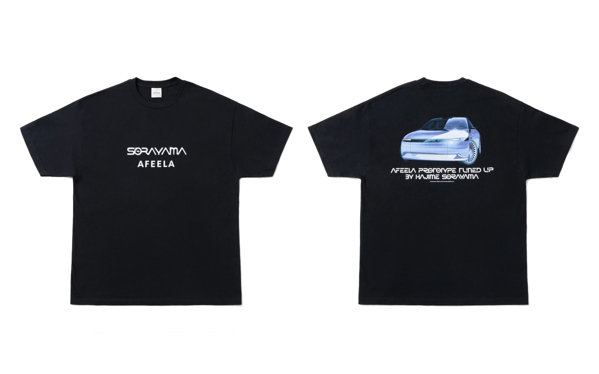 シルクスクリーンTシャツ「SORAYAMA x AFEELA T-shirt」は、カラーはブラックのみ。サイズはM/L/XLの3種類、価格は1万1000円。限定のためなくなり次第終了