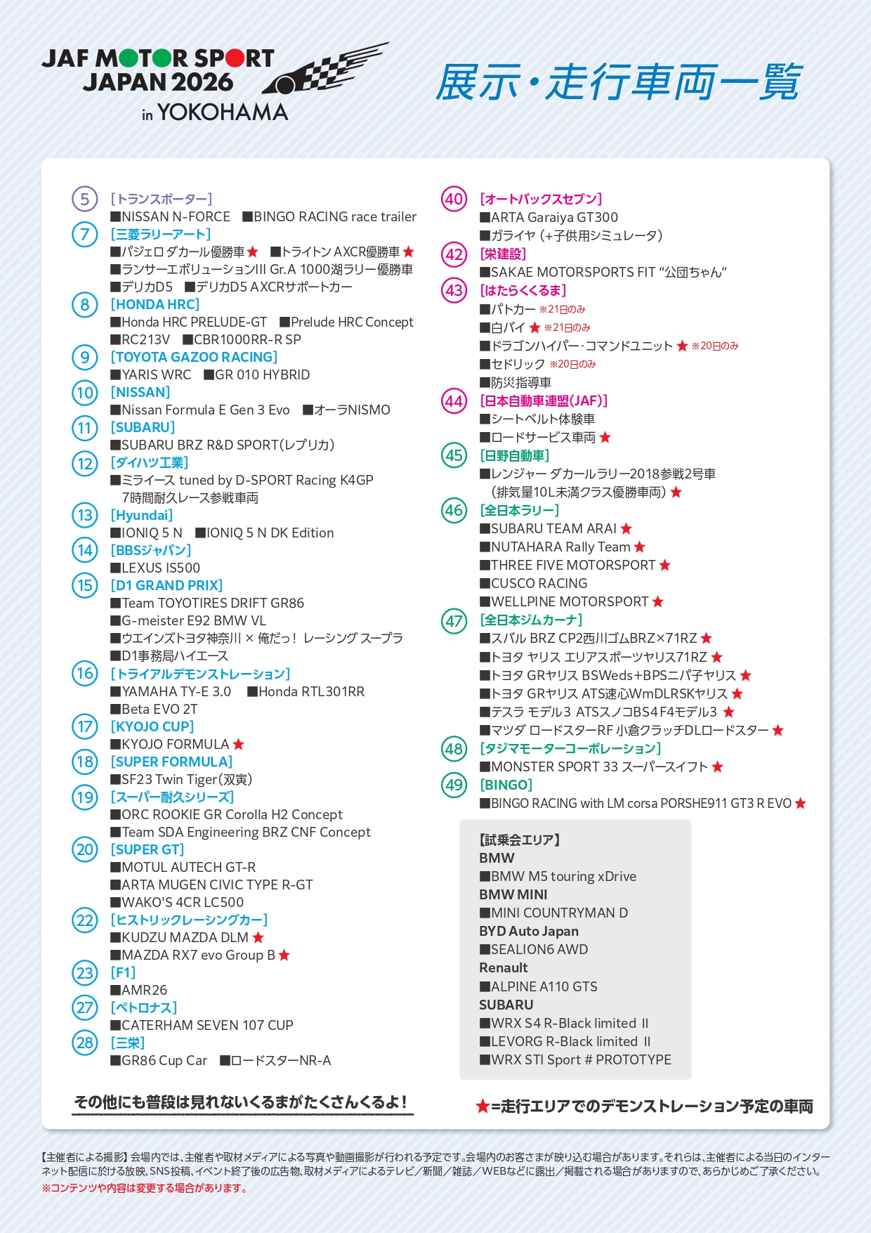 JAFモータースポーツジャパン 2026 in 横浜　出展・走行車両一覧