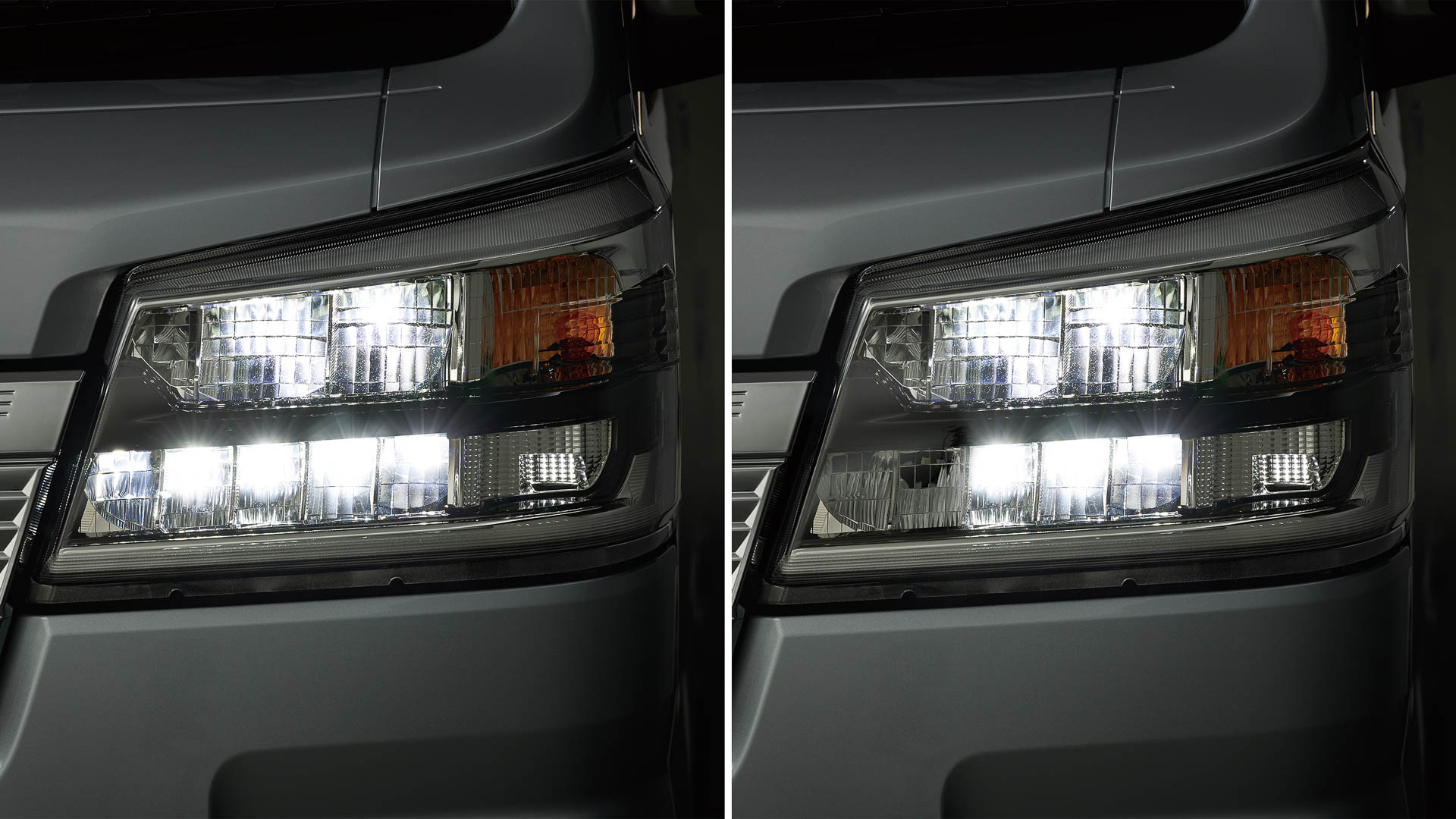 アダプティブドライビングビーム（ADB）。左は全点灯時、右は遮光時
