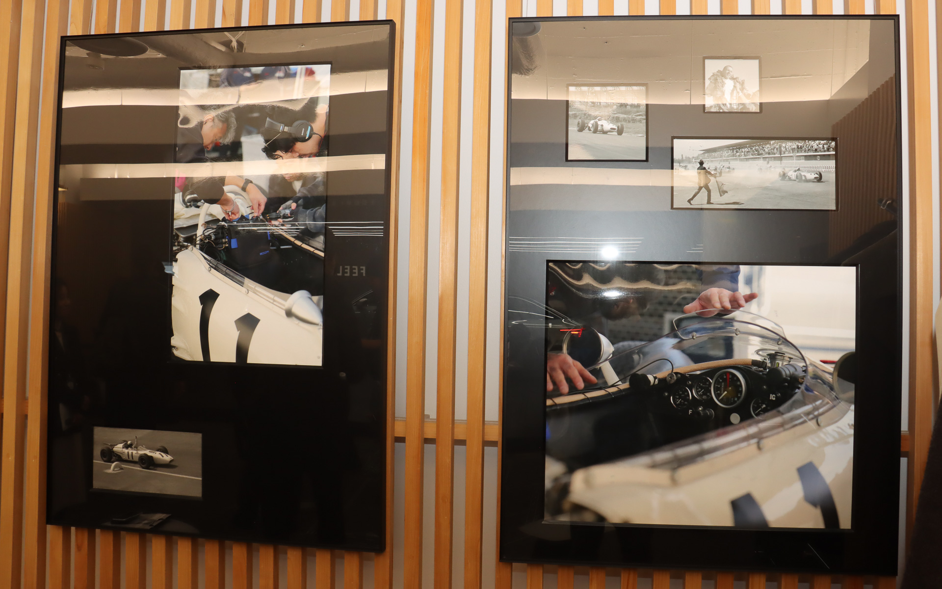 壁面ではRA272がF1で戦っていた当時の写真やe-Motor Sound向けのエンジンサウンド収録時の風景などを紹介するパネル展示を実施